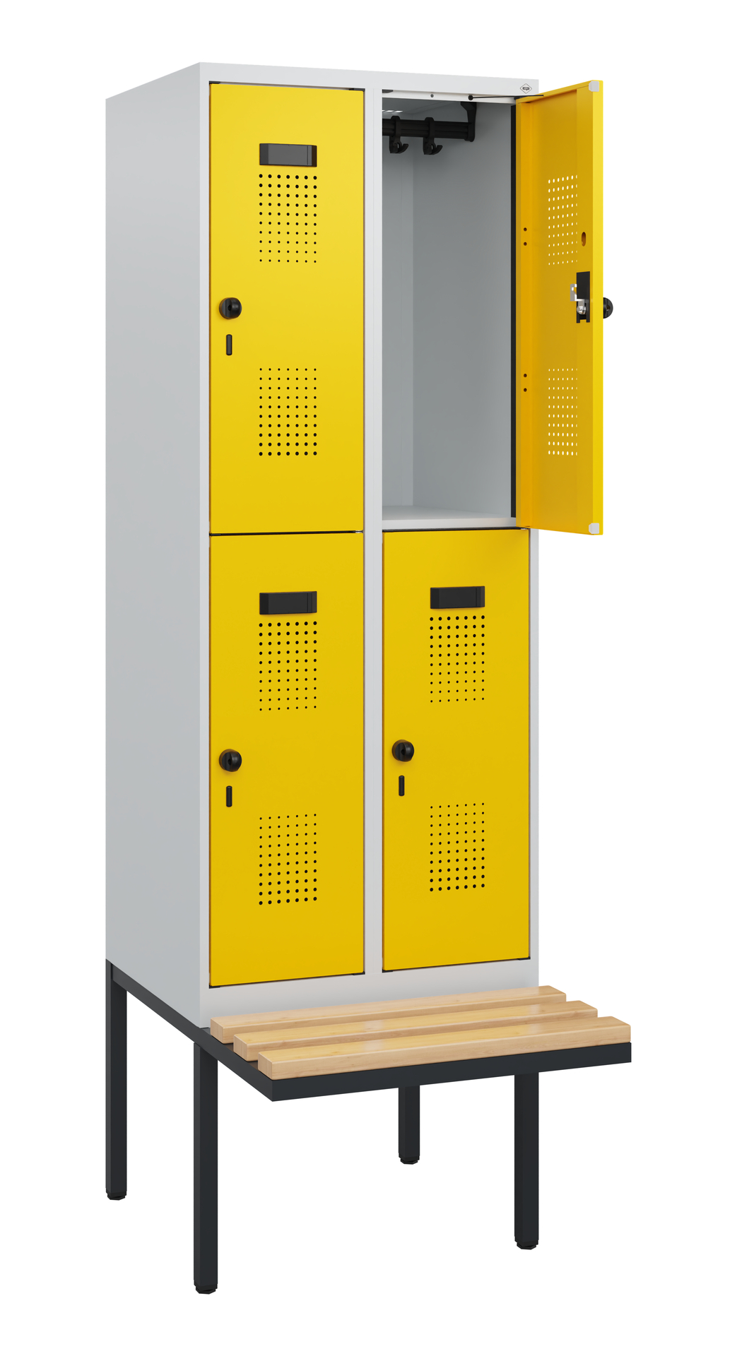 Gelber Spind mit drei geschlossenen Türen, eine offen, auf Metallbank.