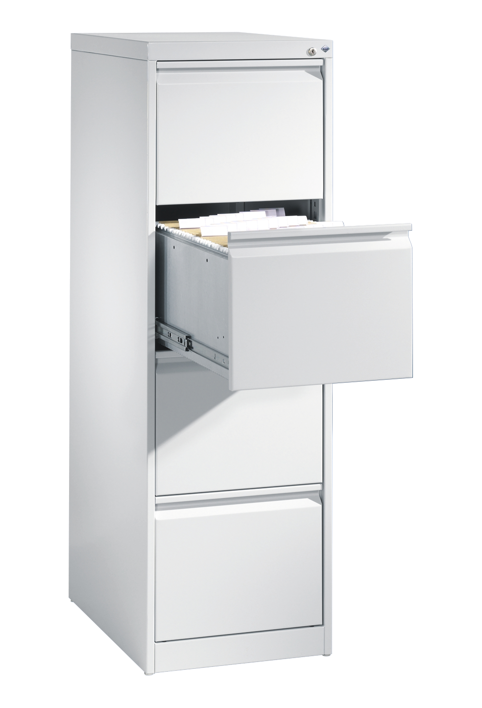 Metall-Aktenschrank, Schublade geöffnet, zeigt Hängeregister in Büro.