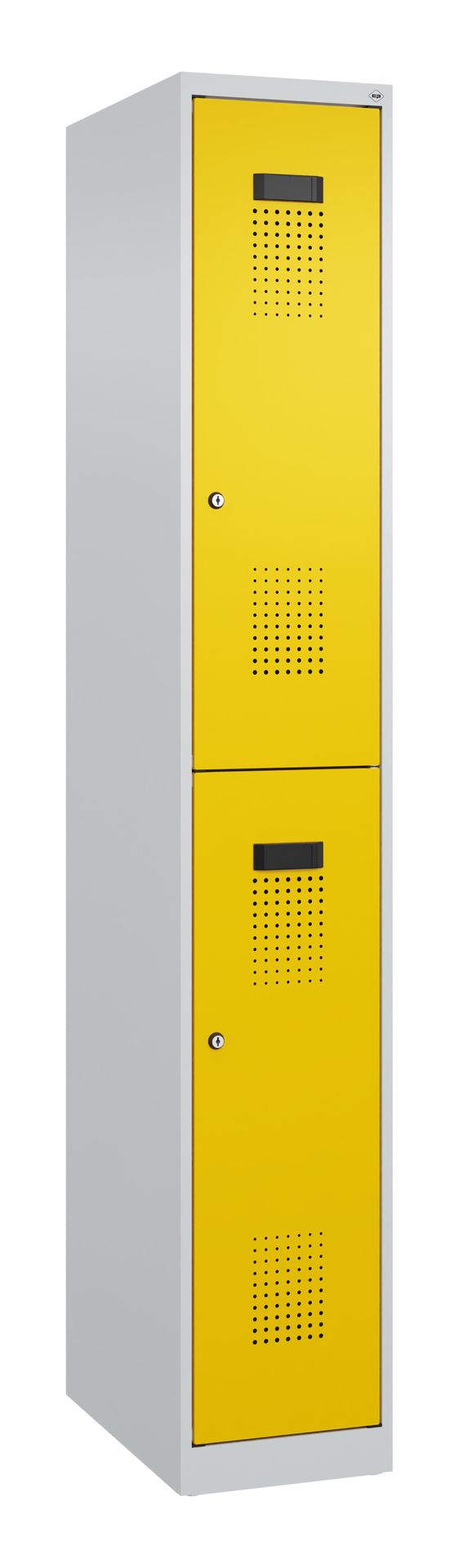 Gelber Stahlspind mit zwei Türen, steht in weißem Raum.