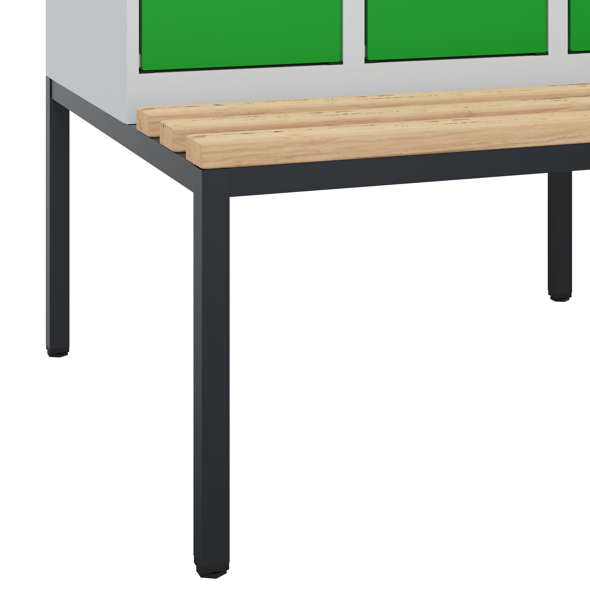 Holzbank steht unter grünen Schränken in Raumumgebung.