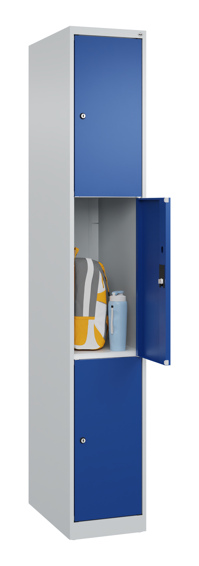 Schließfach mit blauem Fach offen, Rucksack und Trinkflasche innen, in Raum.