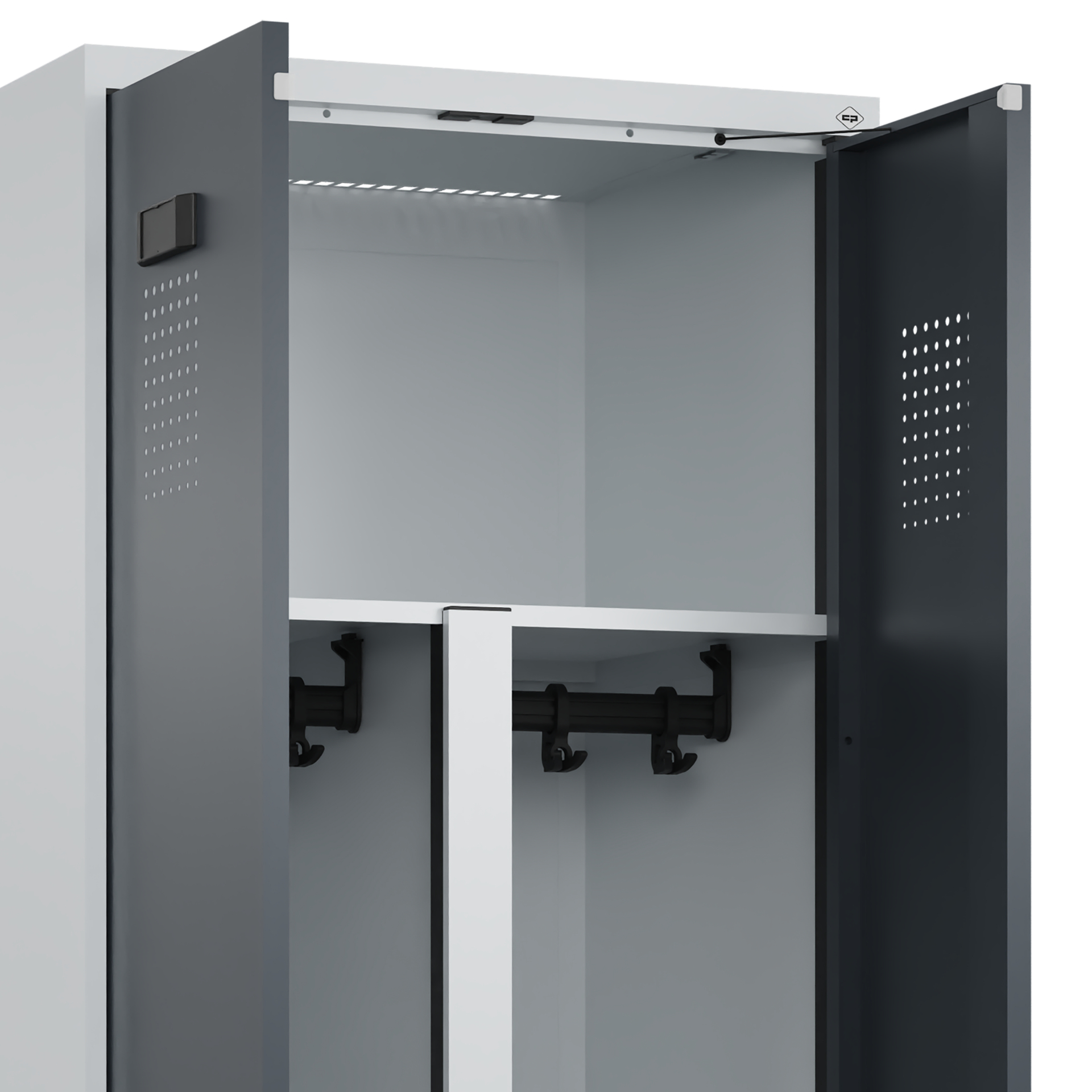 C+P PSA Schwarz-Weiß-Spind Evolo PLUS, Bank, 4 Abteile, 2120x1200x815mm