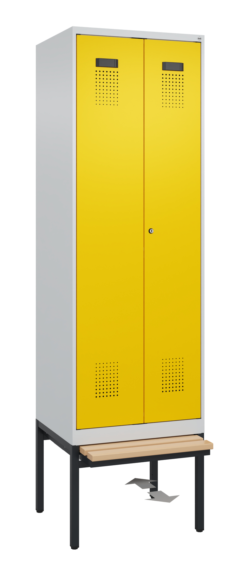 C+P PSA Schwarz-Weiß-Spind Evolo PLUS, Bank, 2 Abteile, 2120x600x815mm