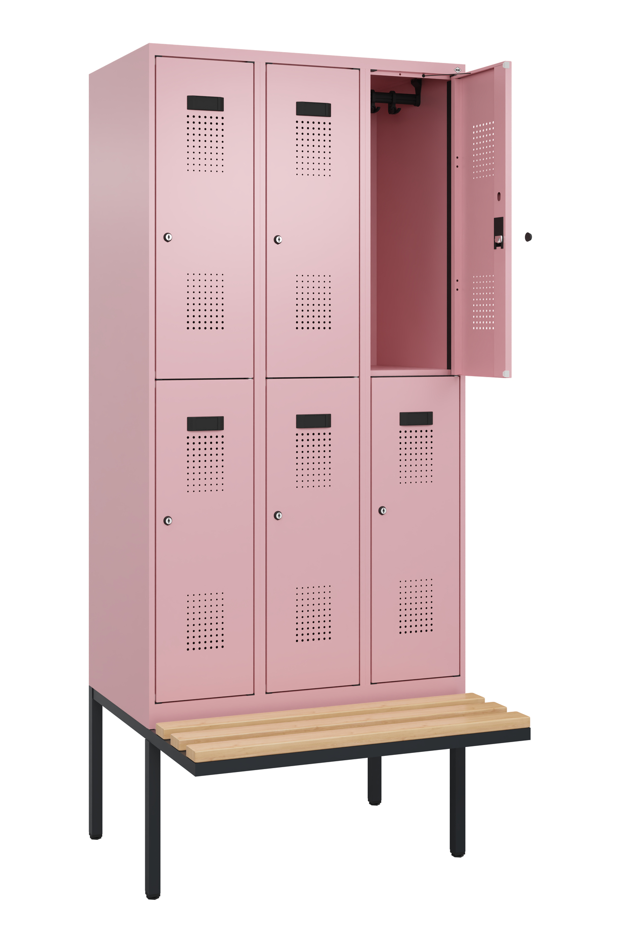 Rosa Schließfach mit offener Tür, stehend auf Bank, weißer Hintergrund.