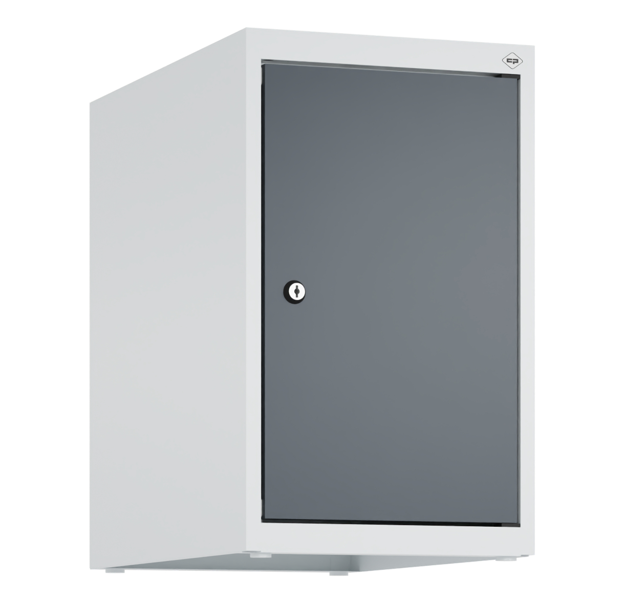 Metallschrank mit Schloss steht in weißem Raum.