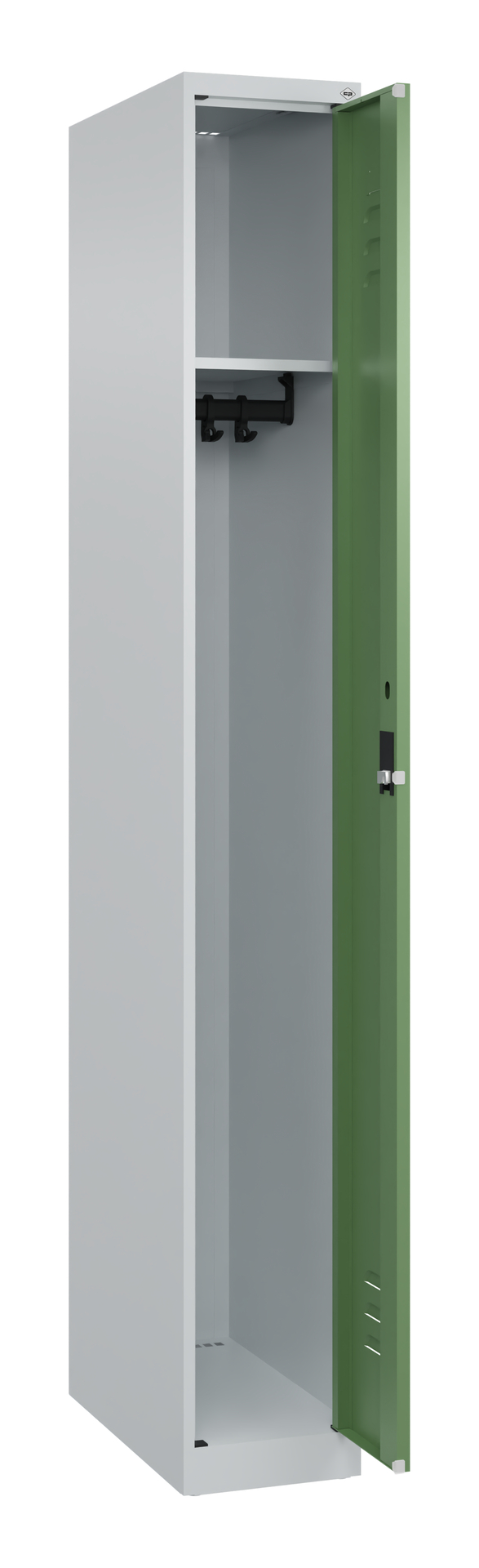 Metallschrank mit offener grüner Tür in leerem Raum.