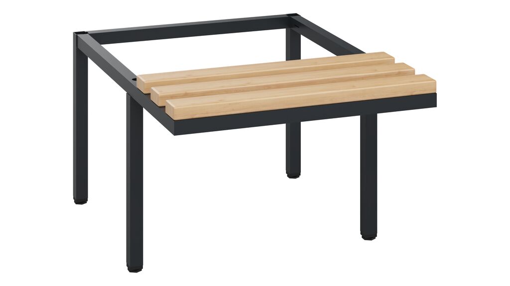 Metallrahmen mit Holzlattenauflage, steht auf vier Beinen.