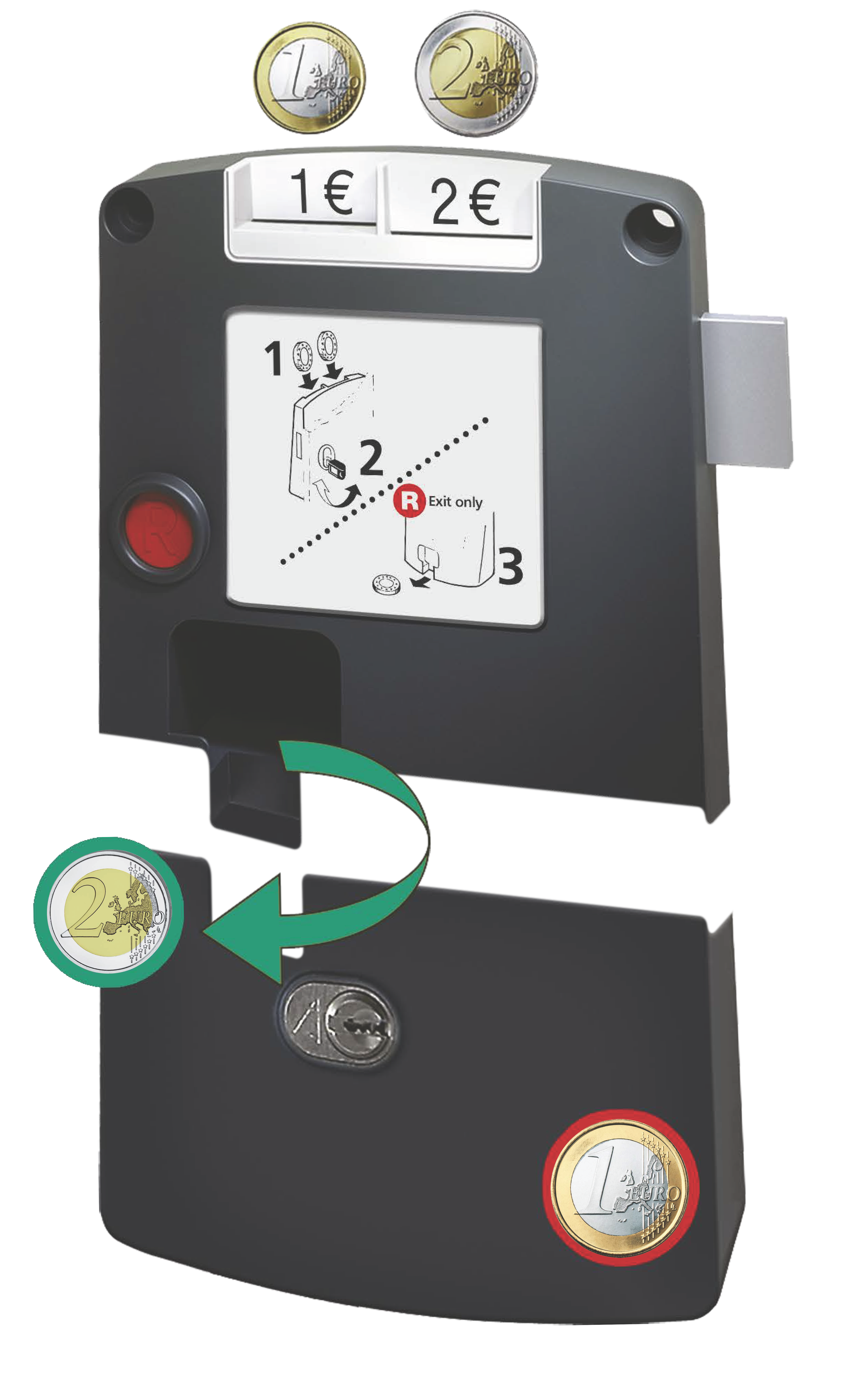Coin-operated deposit and token operated lock SAFE-O-MAT® twin-coin multi use