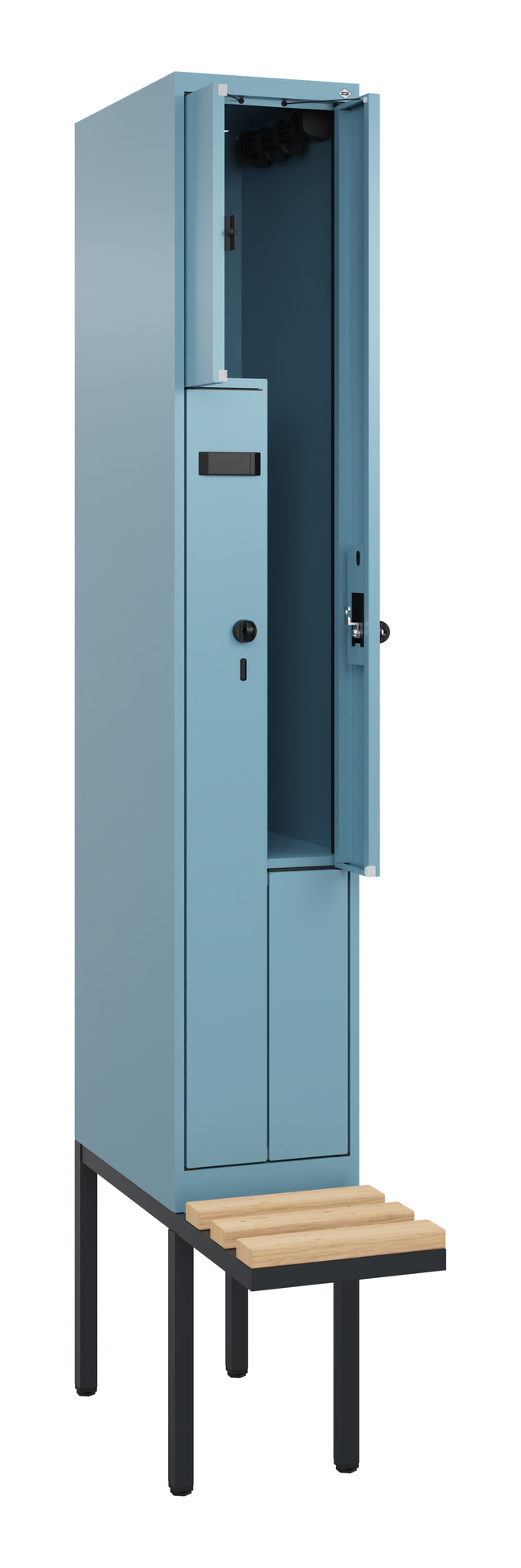 Geöffneter blauer Spind, steht auf Metallbank in leerem Raum.