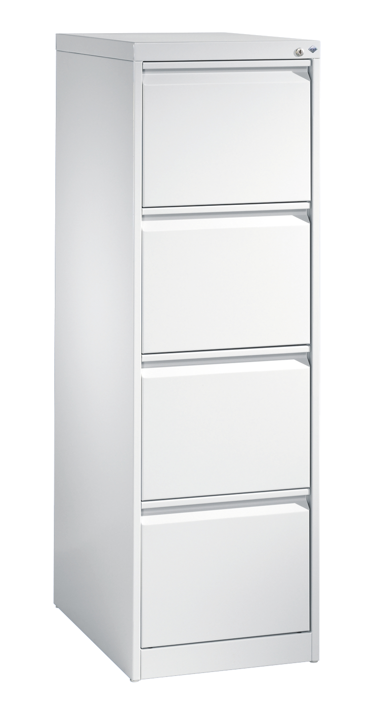 Weißer Aktenschrank mit vier Schubladen im Büro.