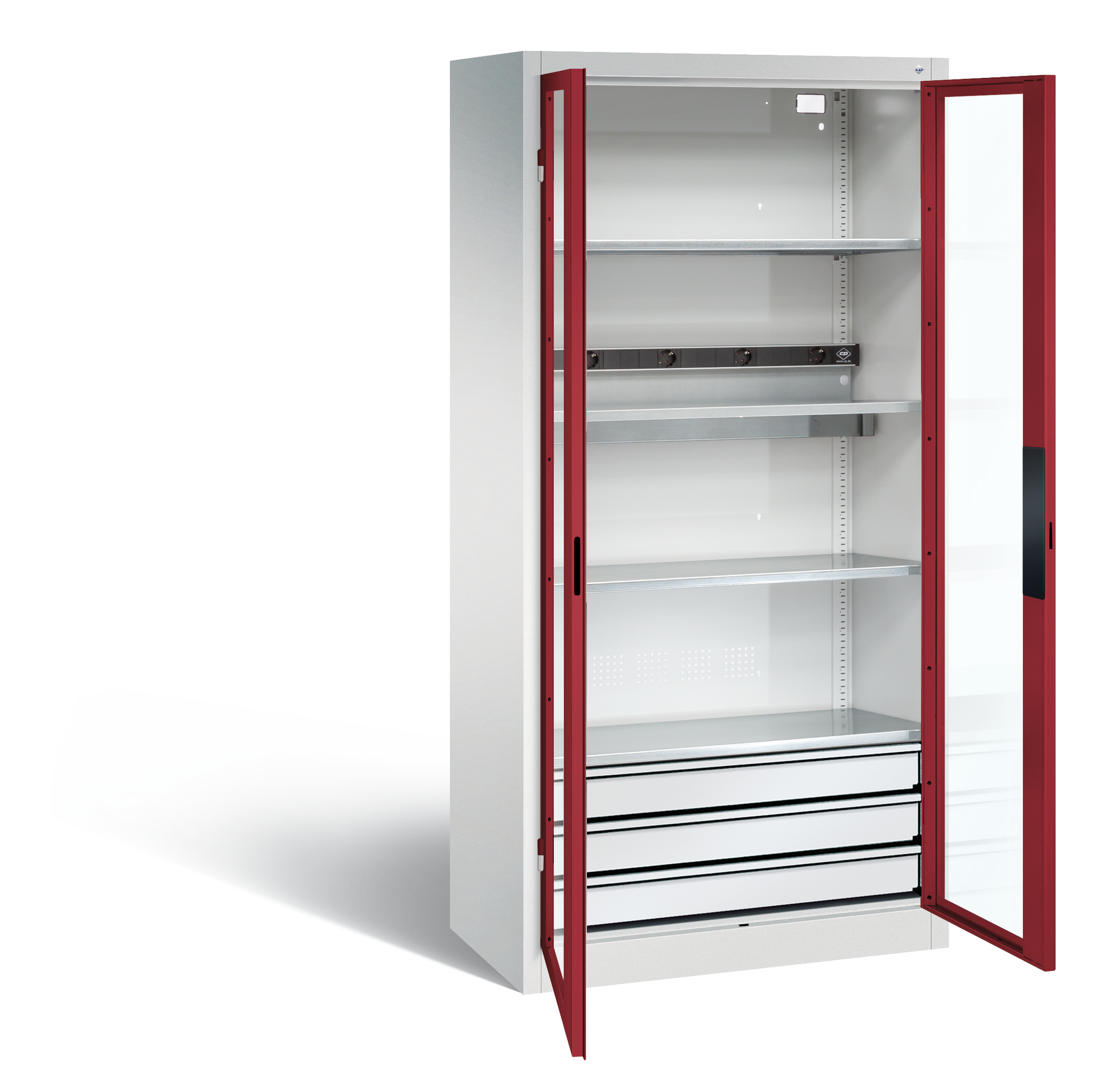 Metallschrank mit roten Glastüren, geöffnet in einem leeren Raum.