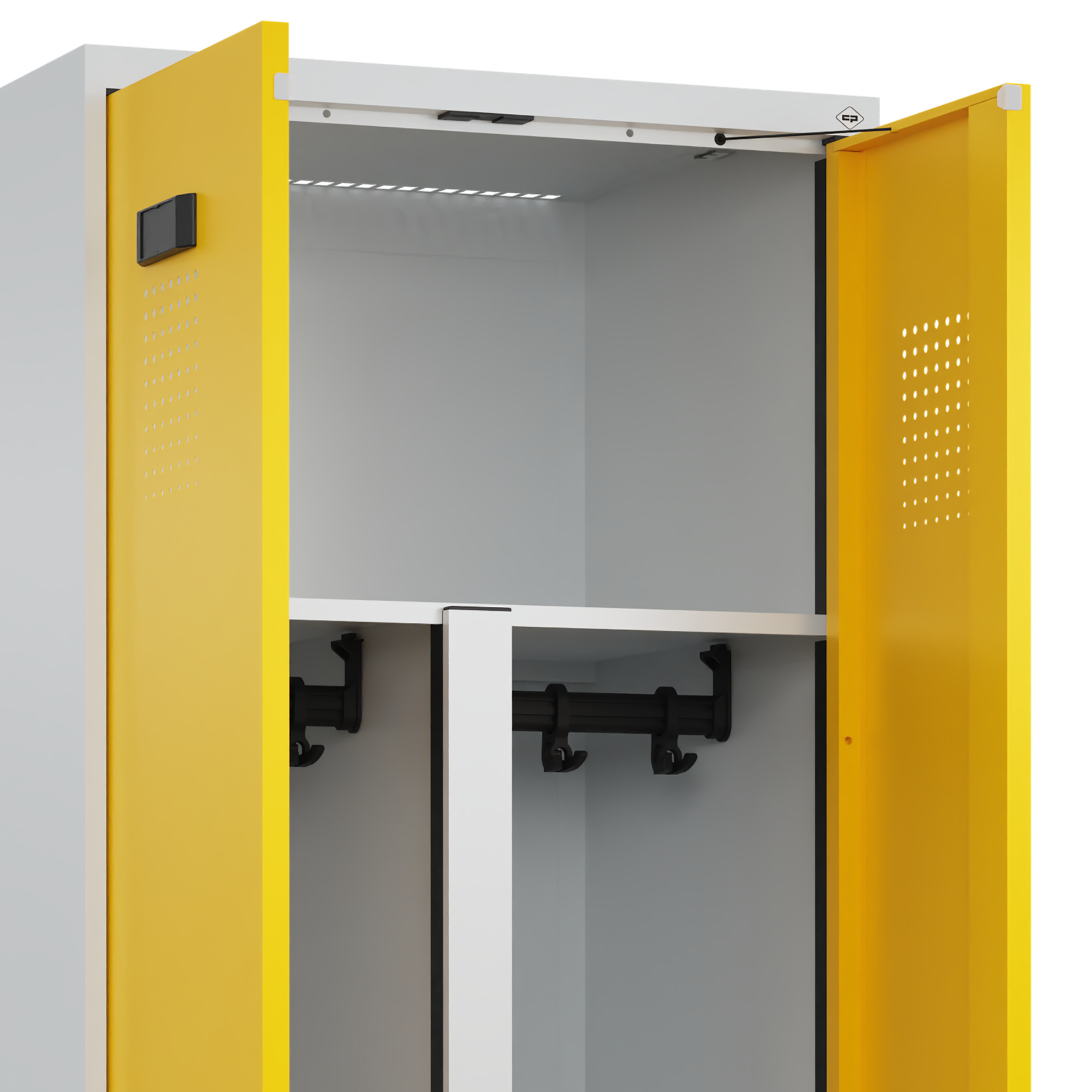 C+P PSA Schwarz-Weiß-Spind Evolo PLUS, Bank, 2 Abteile, 2120x600x815mm