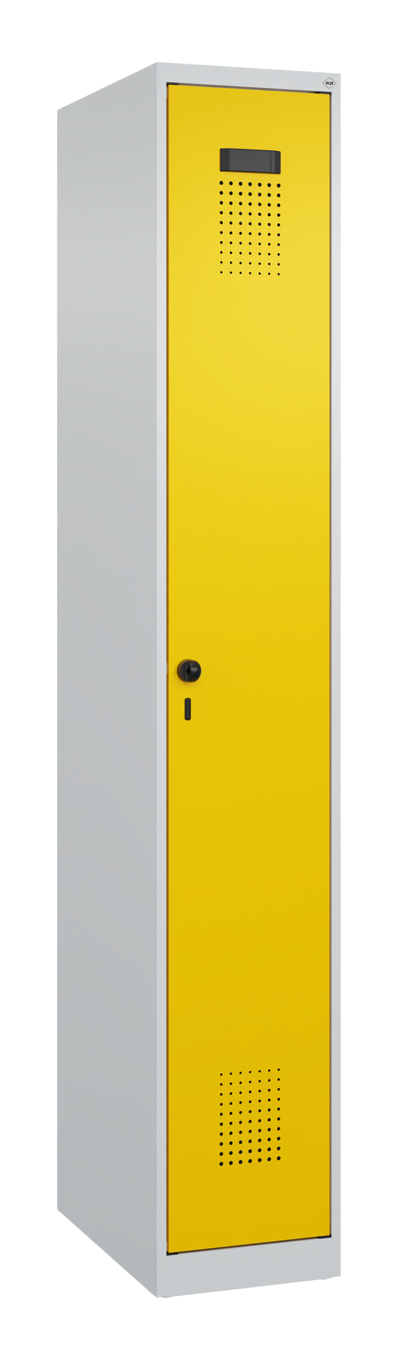 Gelber Spind mit Belüftungsschlitzen steht isoliert vor weißem Hintergrund.