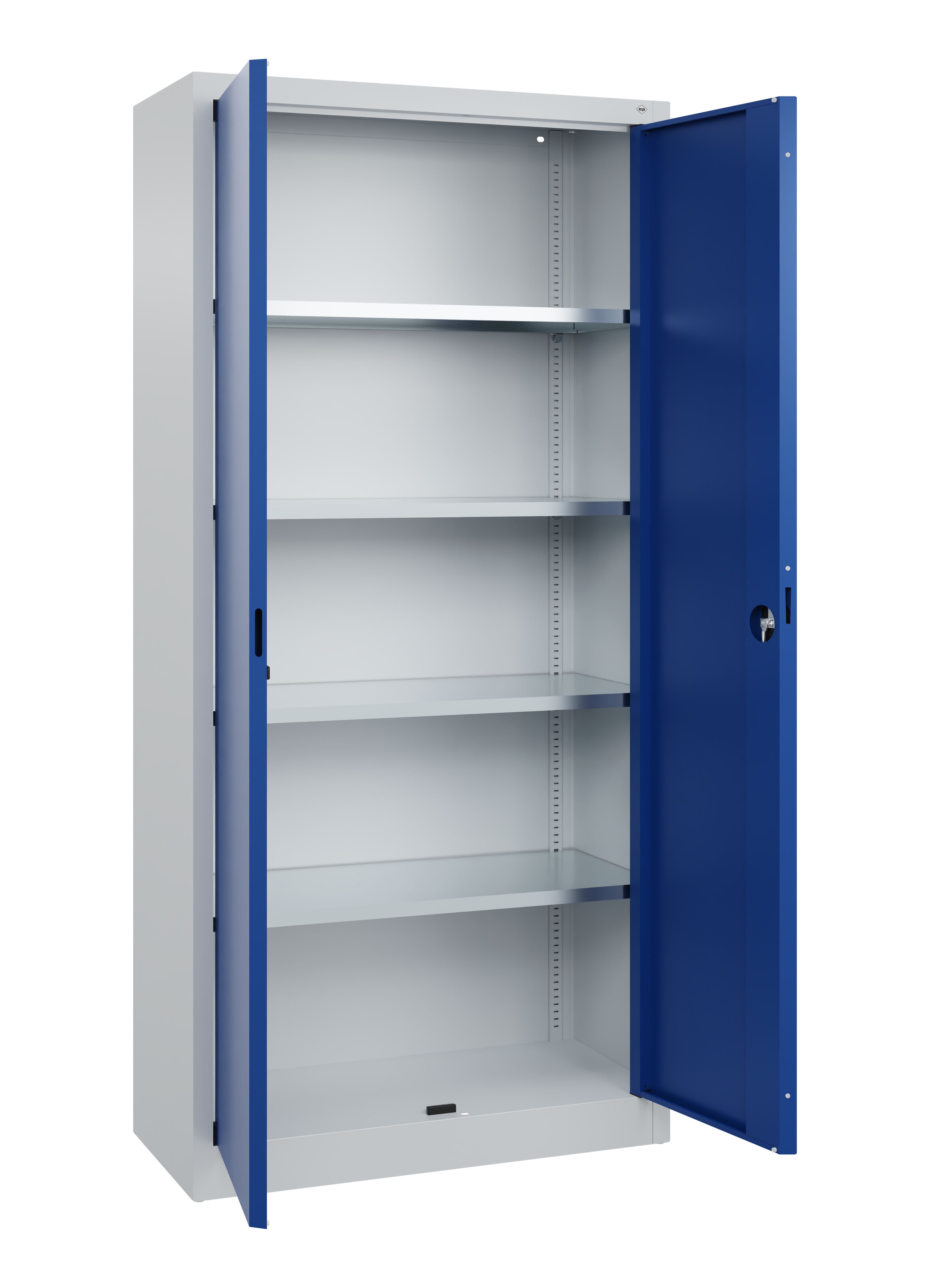 Metallschrank mit offenen blauen Türen, steht leer in Innenraumumgebung.