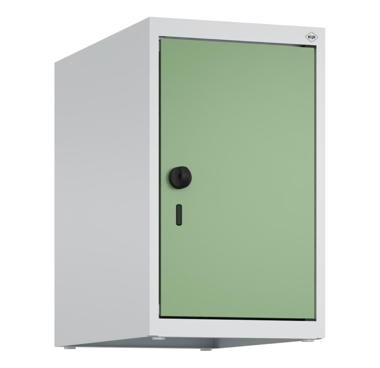 Metallschrank mit grüner Tür, freistehend, hellgrauer Hintergrund.