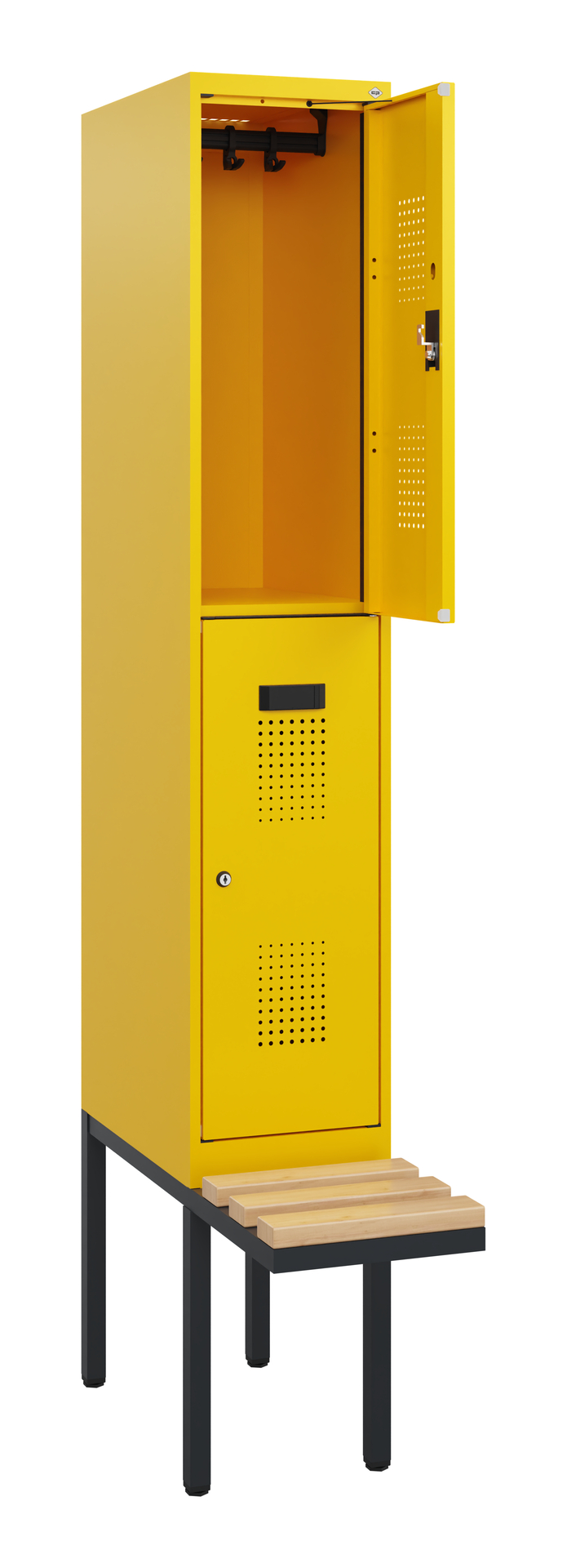 Gelber Spind mit Sitzbank und geöffneter Tür in Büroeinrichtung.