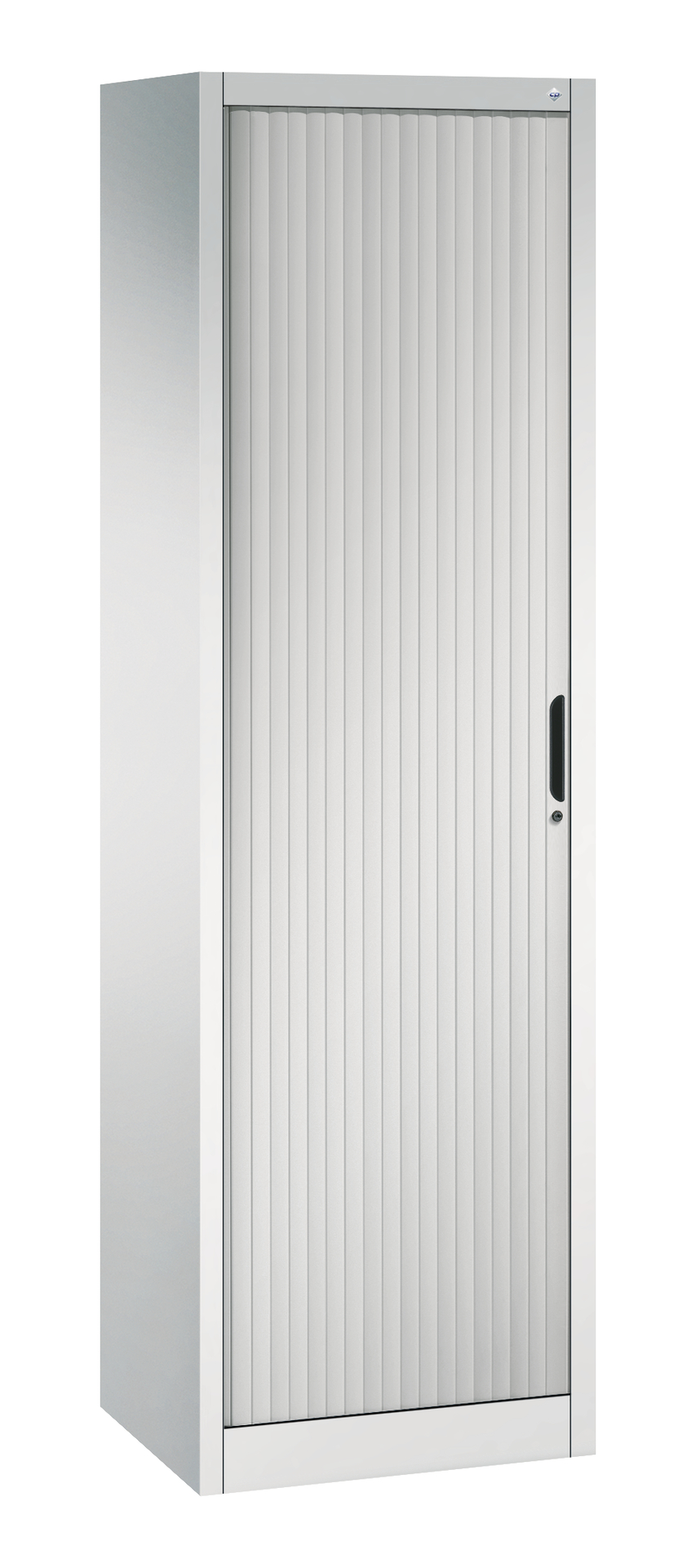 Grauer Aktenschrank mit Rollladentür steht in einem Büro.