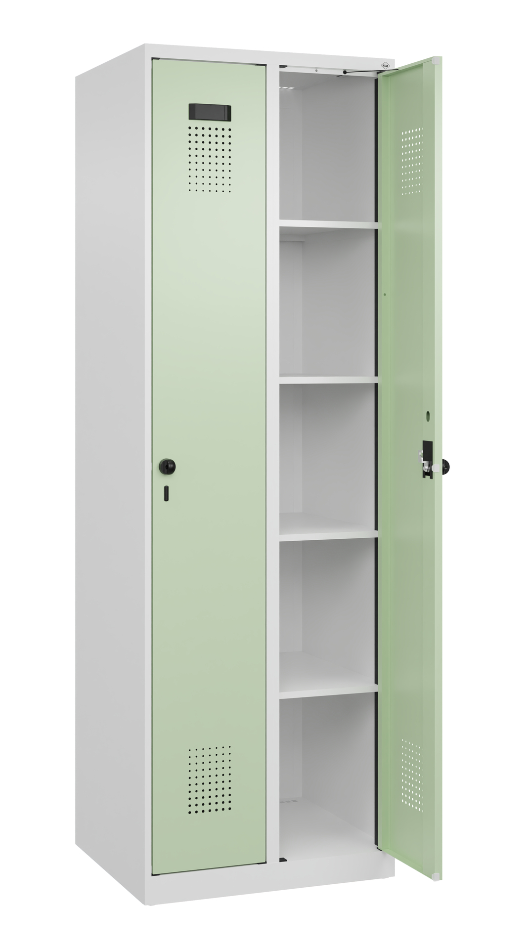 Mintfarbender Metallschrank mit einem offenen Türfach und Einlegefächern.