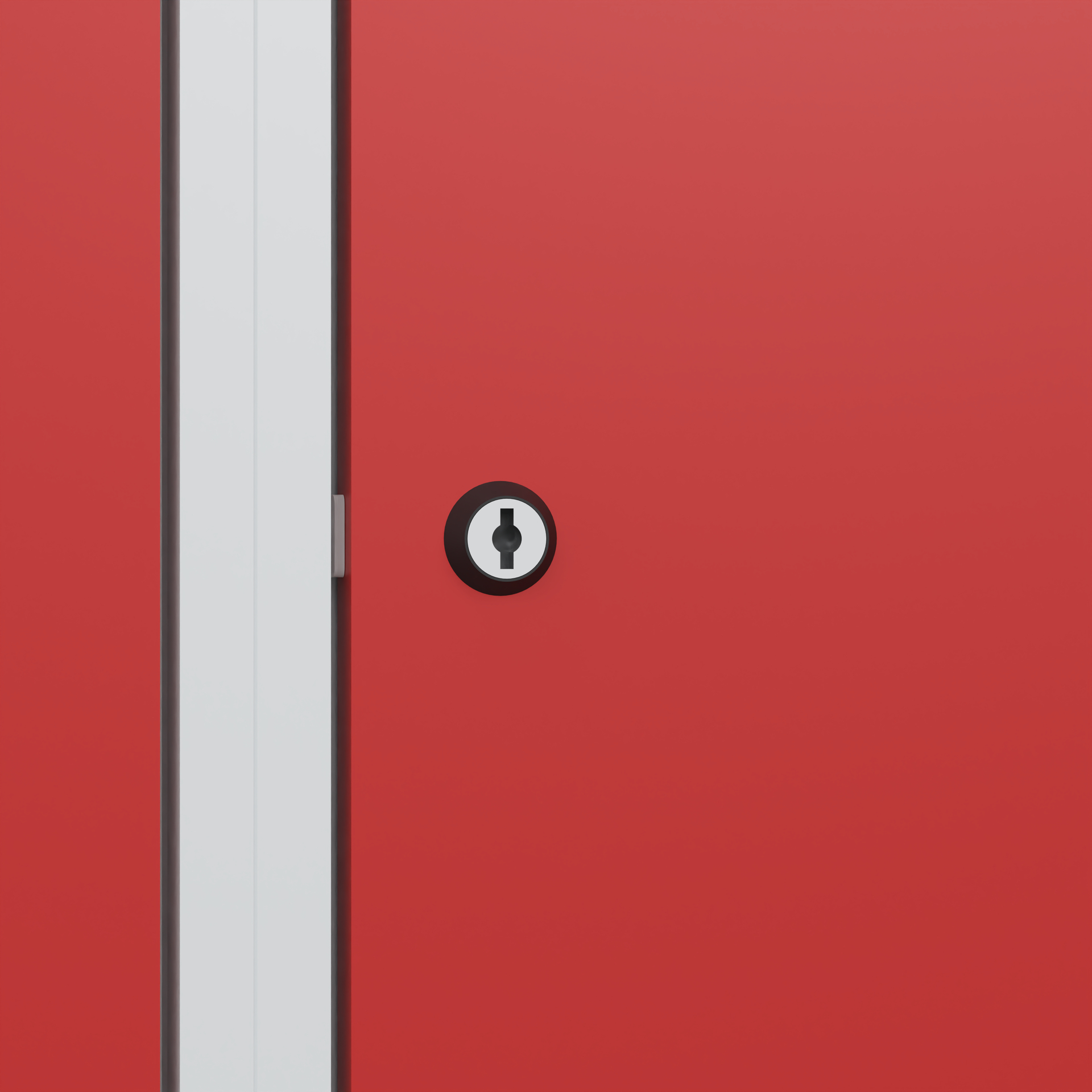 Rotes Türschloss vor roter Metalltür in Nahaufnahme.