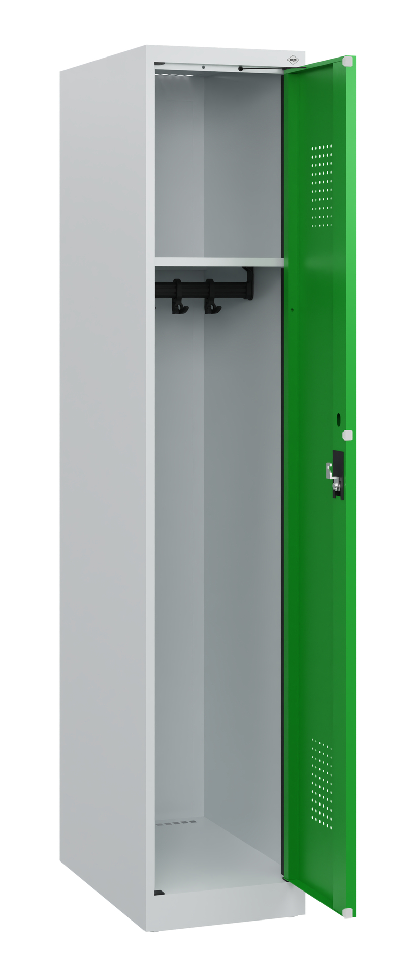 Grau-grüner Spind offen in leerem Raum.