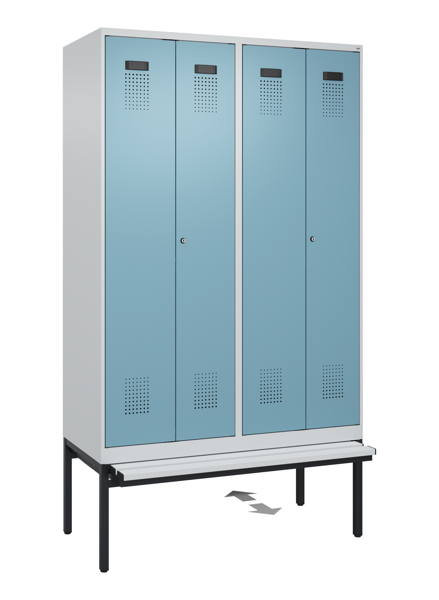 C+P PSA Schwarz-Weiß-Spind Evolo PLUS, Bank, 4 Abteile, 2120x1200x815mm