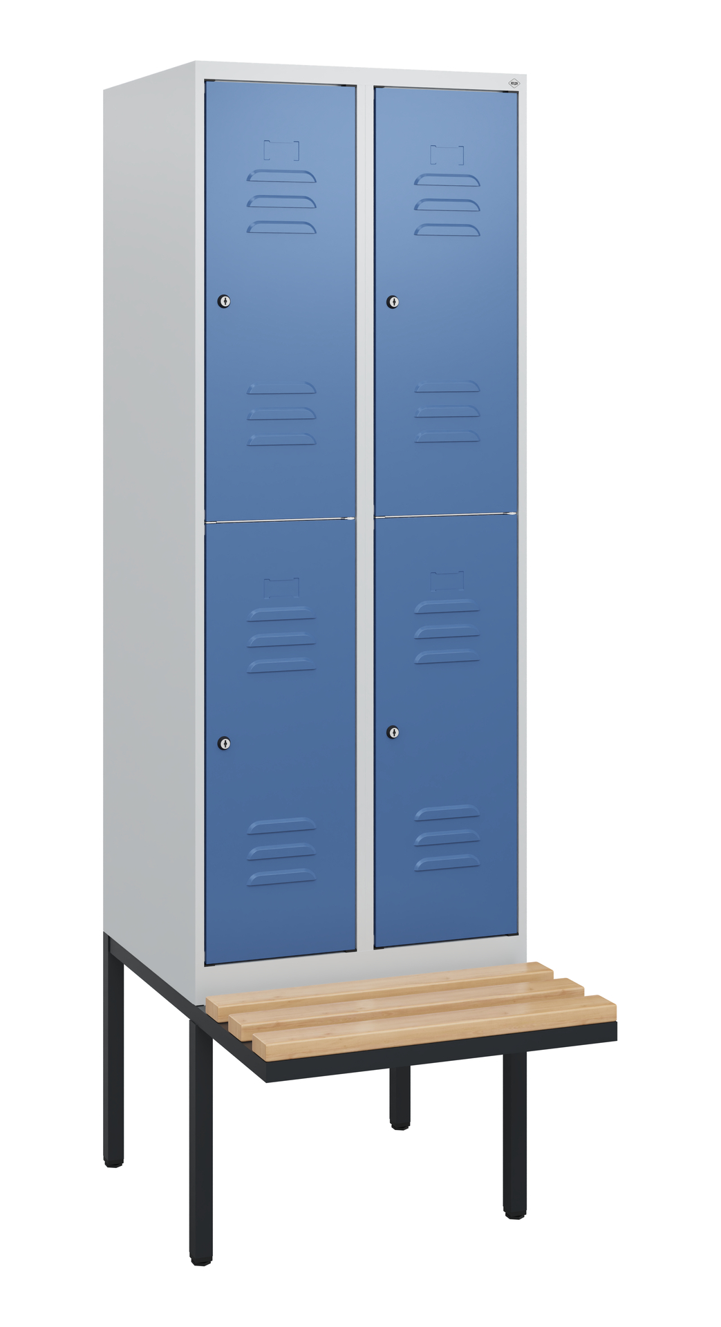 Metallschrank mit blauen Türen, steht auf Bank, vor weißem Hintergrund.