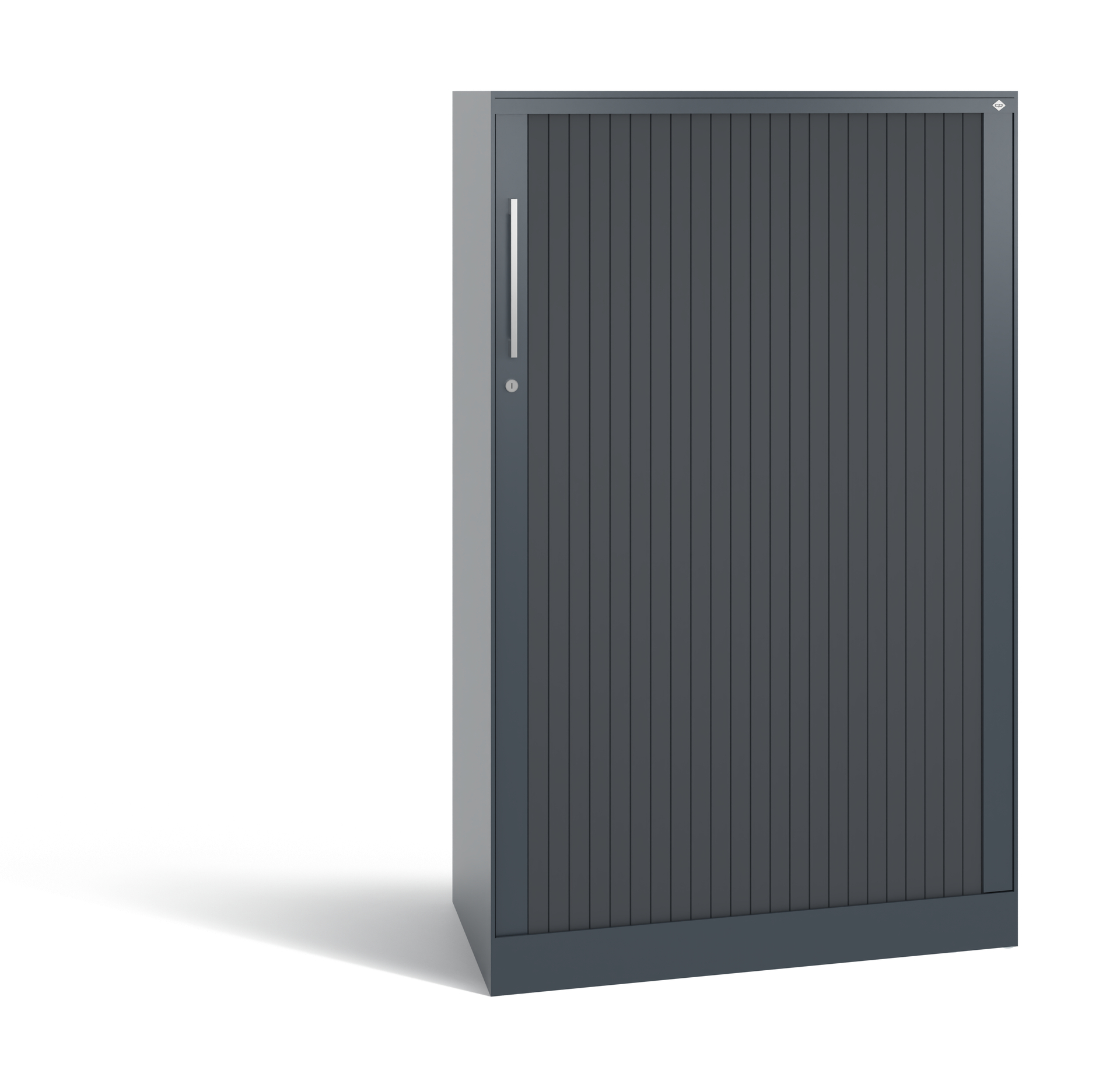 Schmaler schwarzer Metallschrank mit Schiebetür zum abschließen.