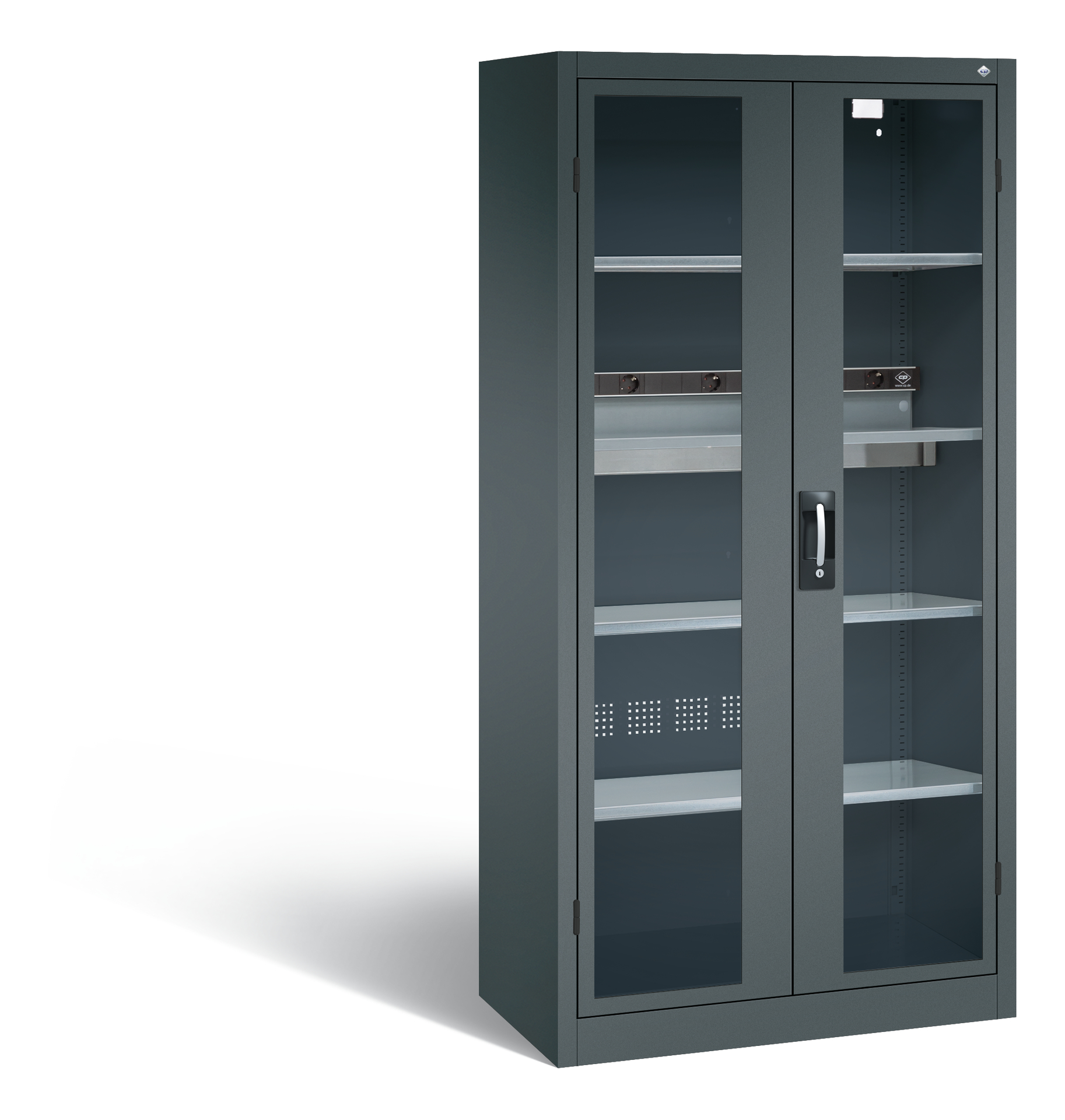 Schwarzer Aktenschrank mit Glastüren steht auf weißem Hintergrund.