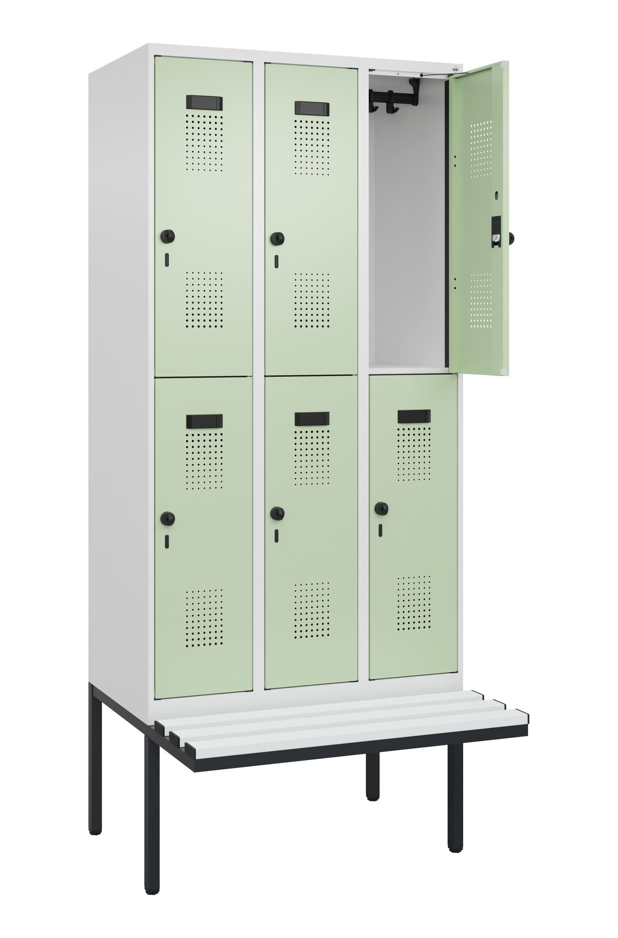 Grüner Schließfachschrank mit offener Tür auf Bank in weißem Raum.
