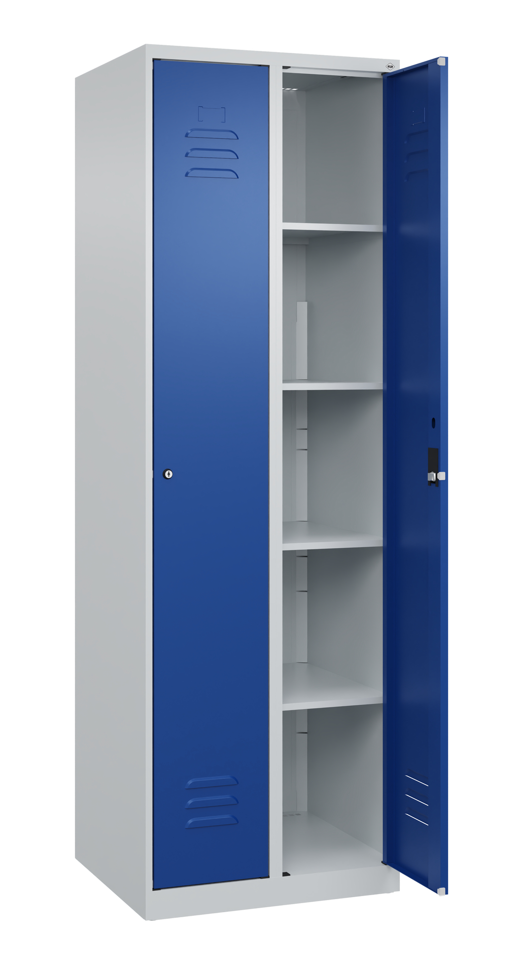 Metallschrank offen mit Regalböden in Büroumgebung.