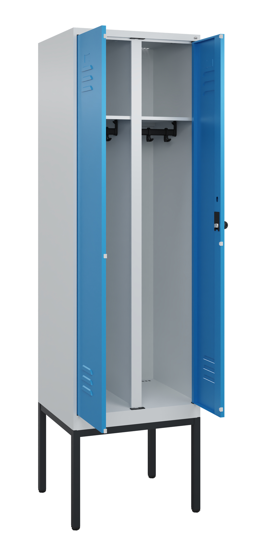 Metallschrank mit offenen blauen Türen, Innenraum leer, auf schwarzem Ständer.