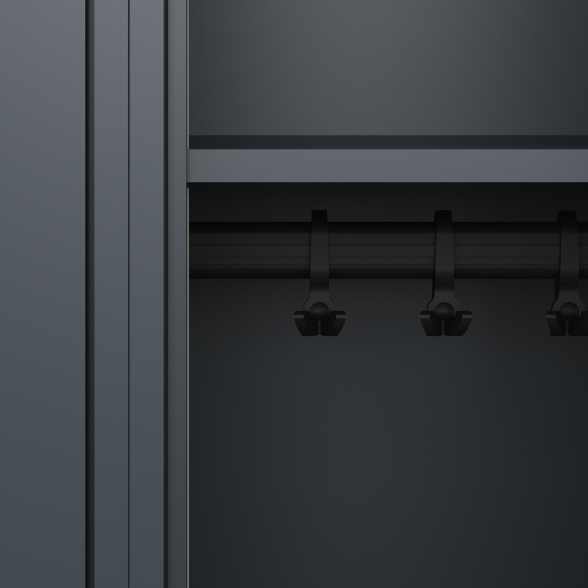 Kleiderstange mit Clips an grauer Wand in modernem Schrankdesign.