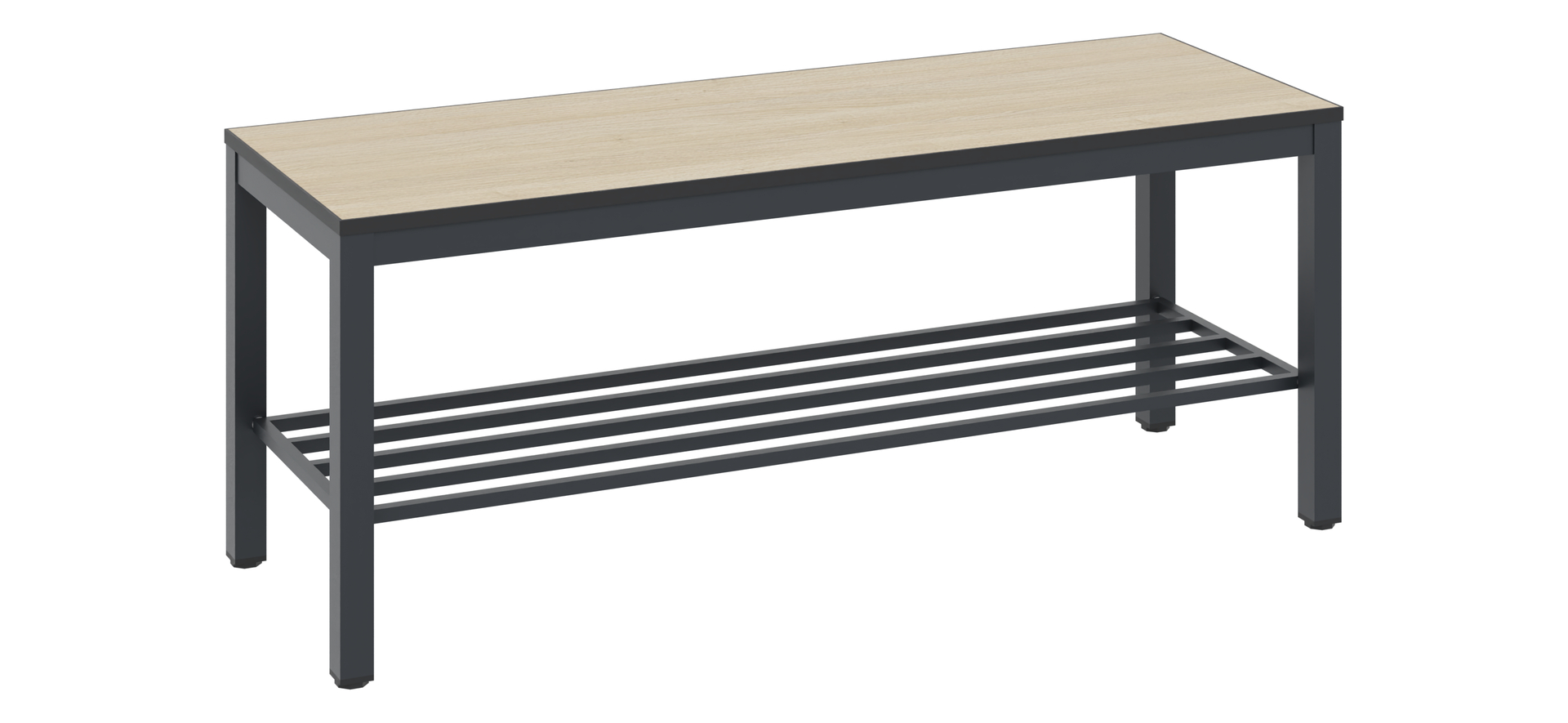 Bank mit Metallrahmen, steht auf Boden, Holztischplatte und unterem Regal.