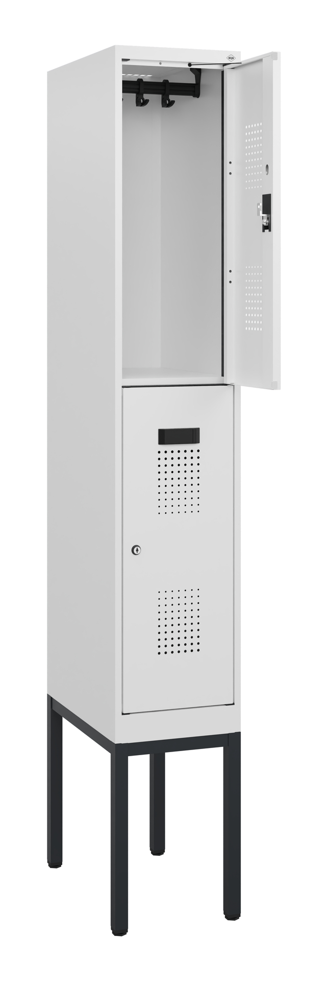 Hellgrauer schmaler Metallschrank mit offenem Fach  auf schwarzen Beinen.