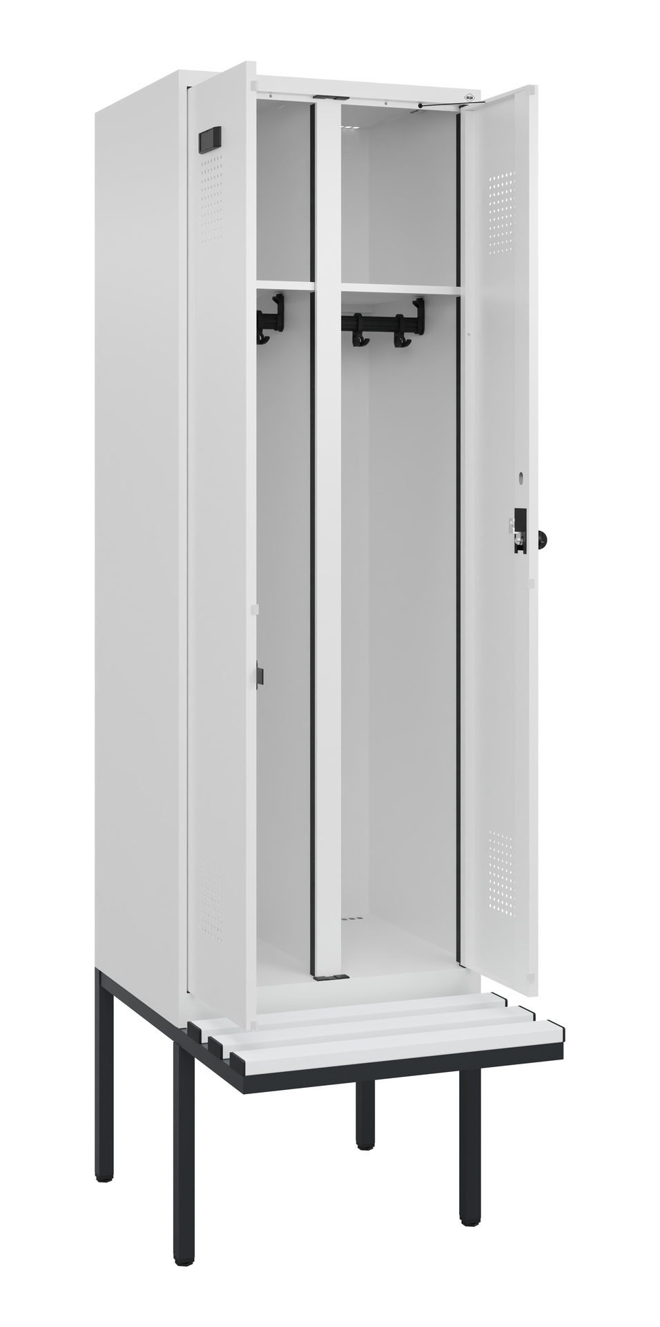 Hellgrauer Metallschrank mit Haken und Sitzfäche für die Umkleide.