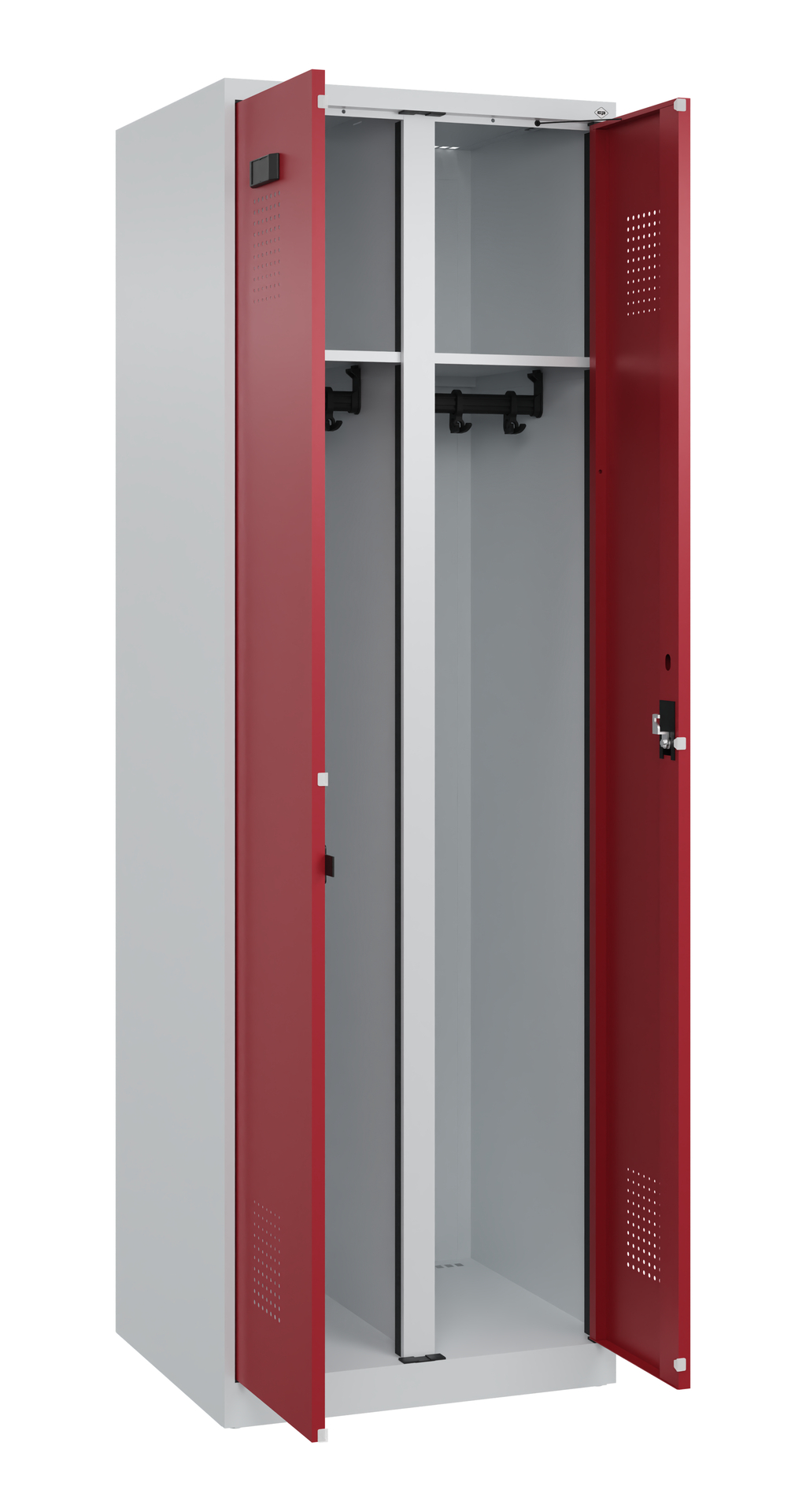 Metallspind mit roten Türen geöffnet in leerem Raum.