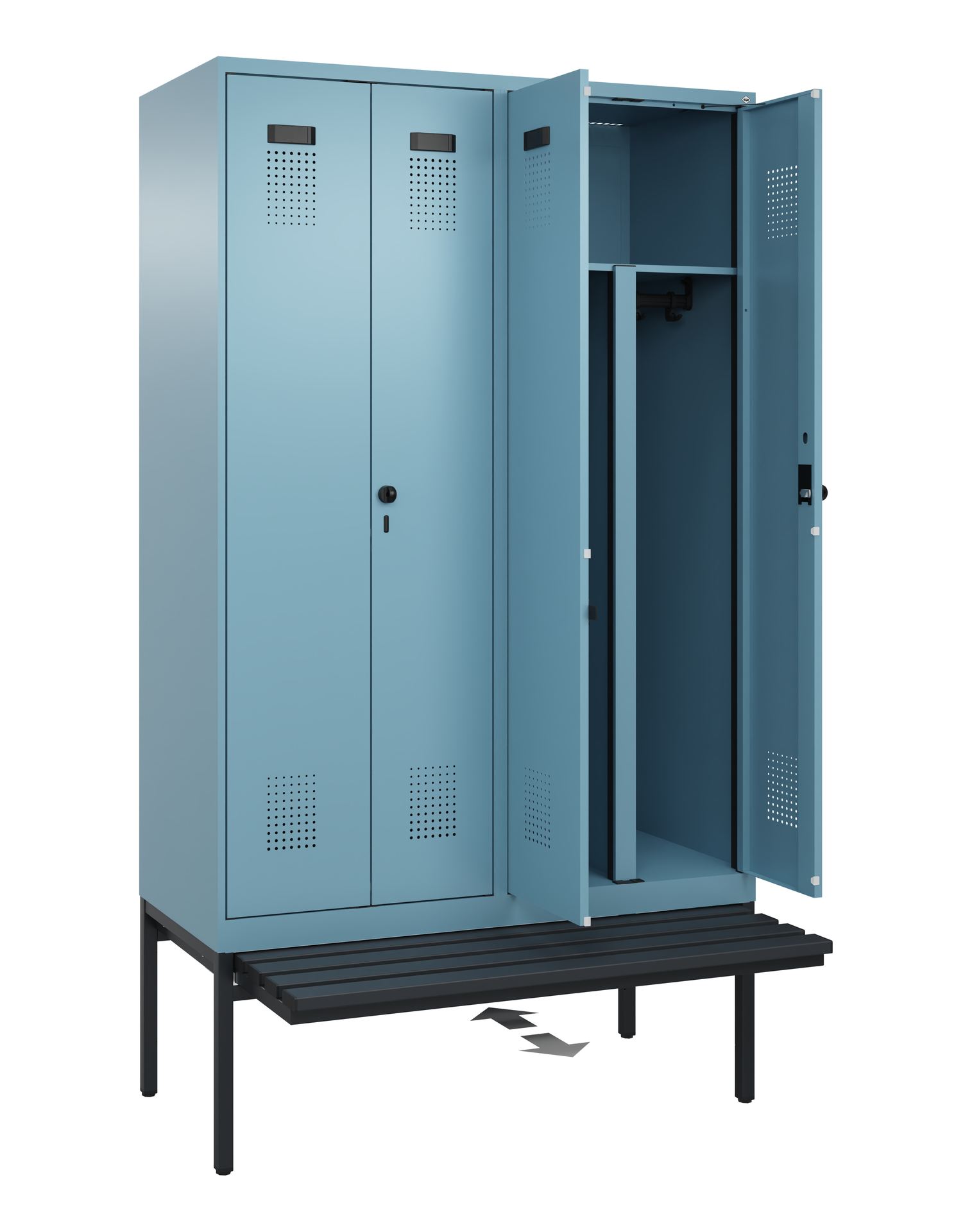 C+P PSA Schwarz-Weiß-Spind Evolo PLUS, Bank, 4 Abteile, 2120x1200x815mm