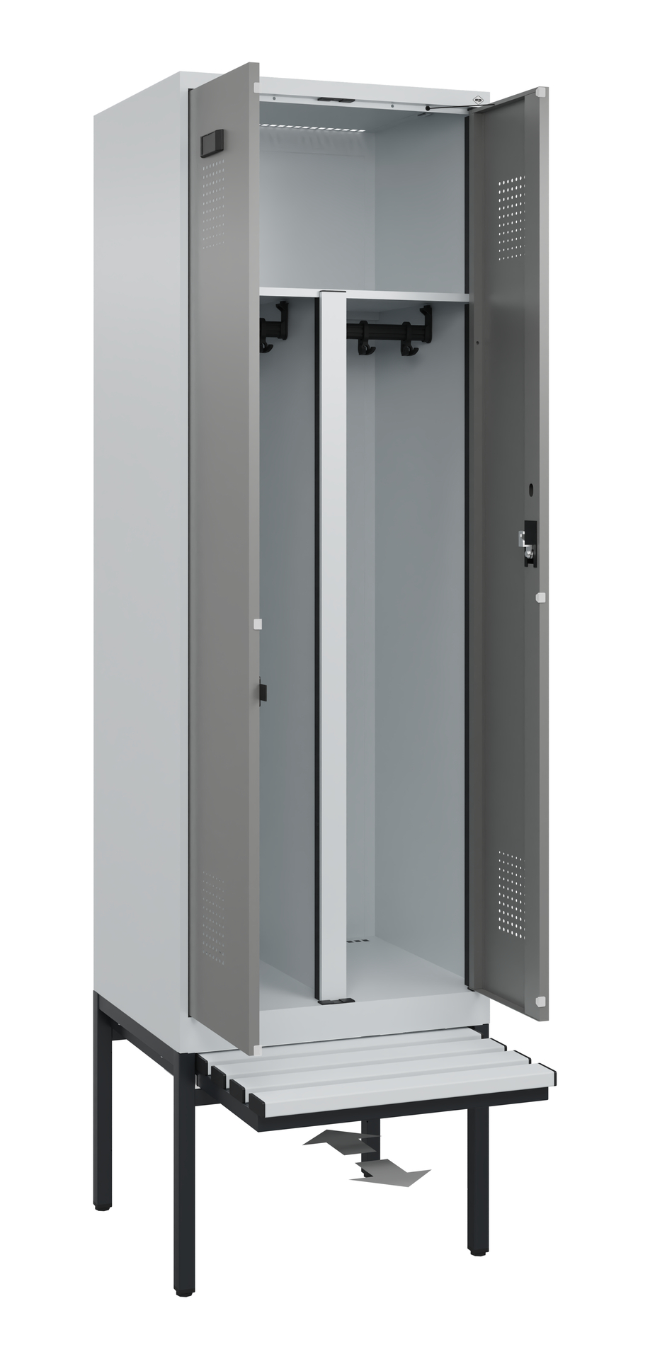 C+P PSA Schwarz-Weiß-Spind Evolo PLUS, Bank, 2 Abteile, 2120x600x815mm