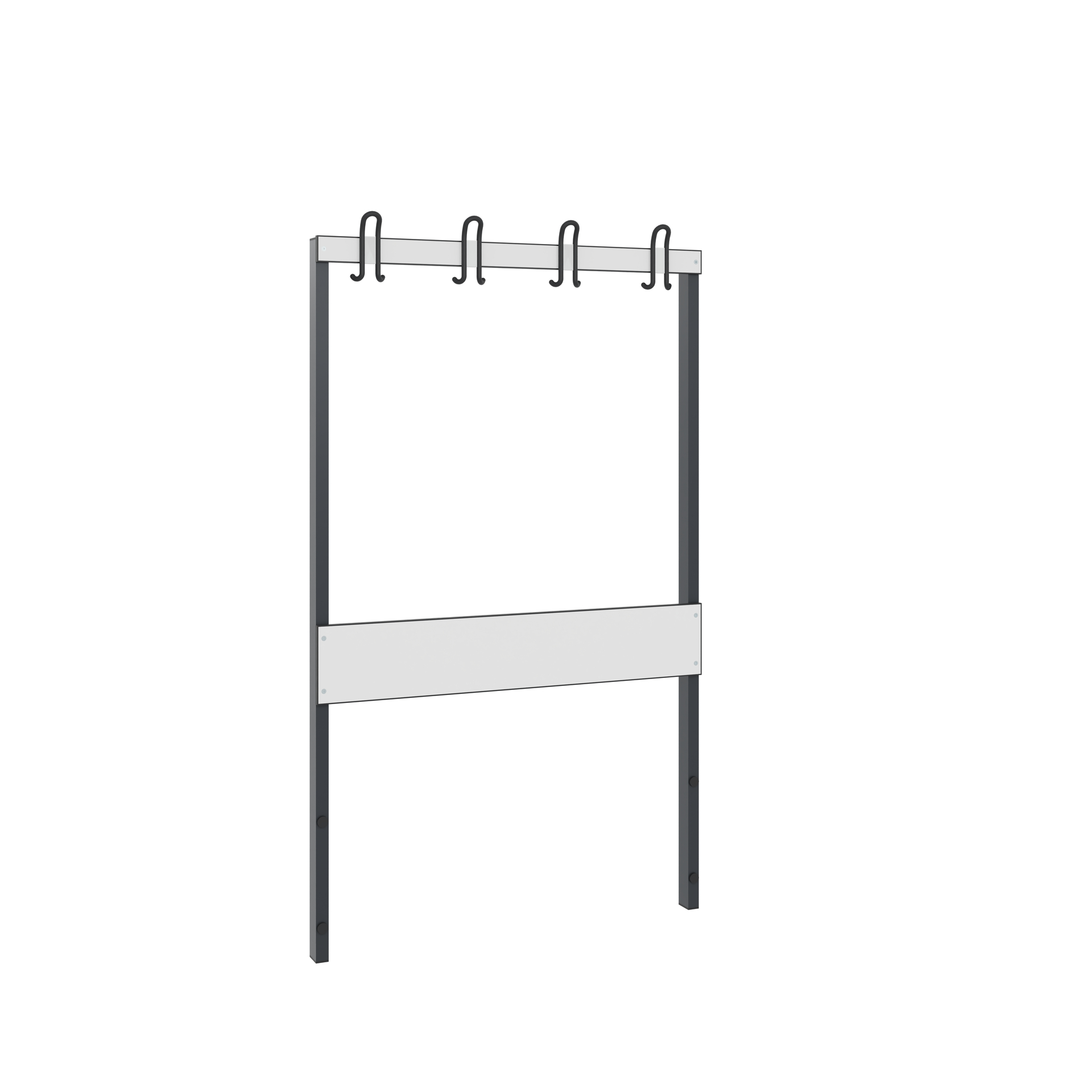 Fahrradständer mit vier Haken in minimalistischer Umgebung.