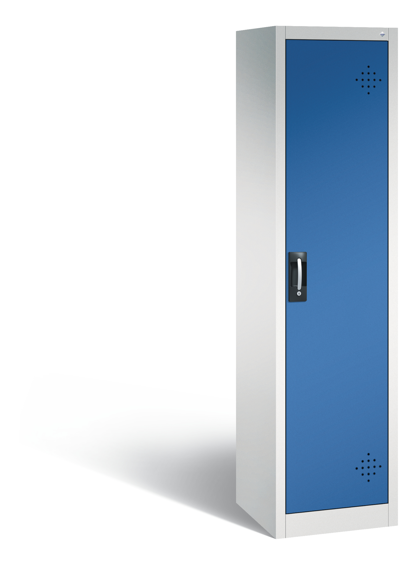 Blauer Metallschrank steht isoliert auf weißem Hintergrund.