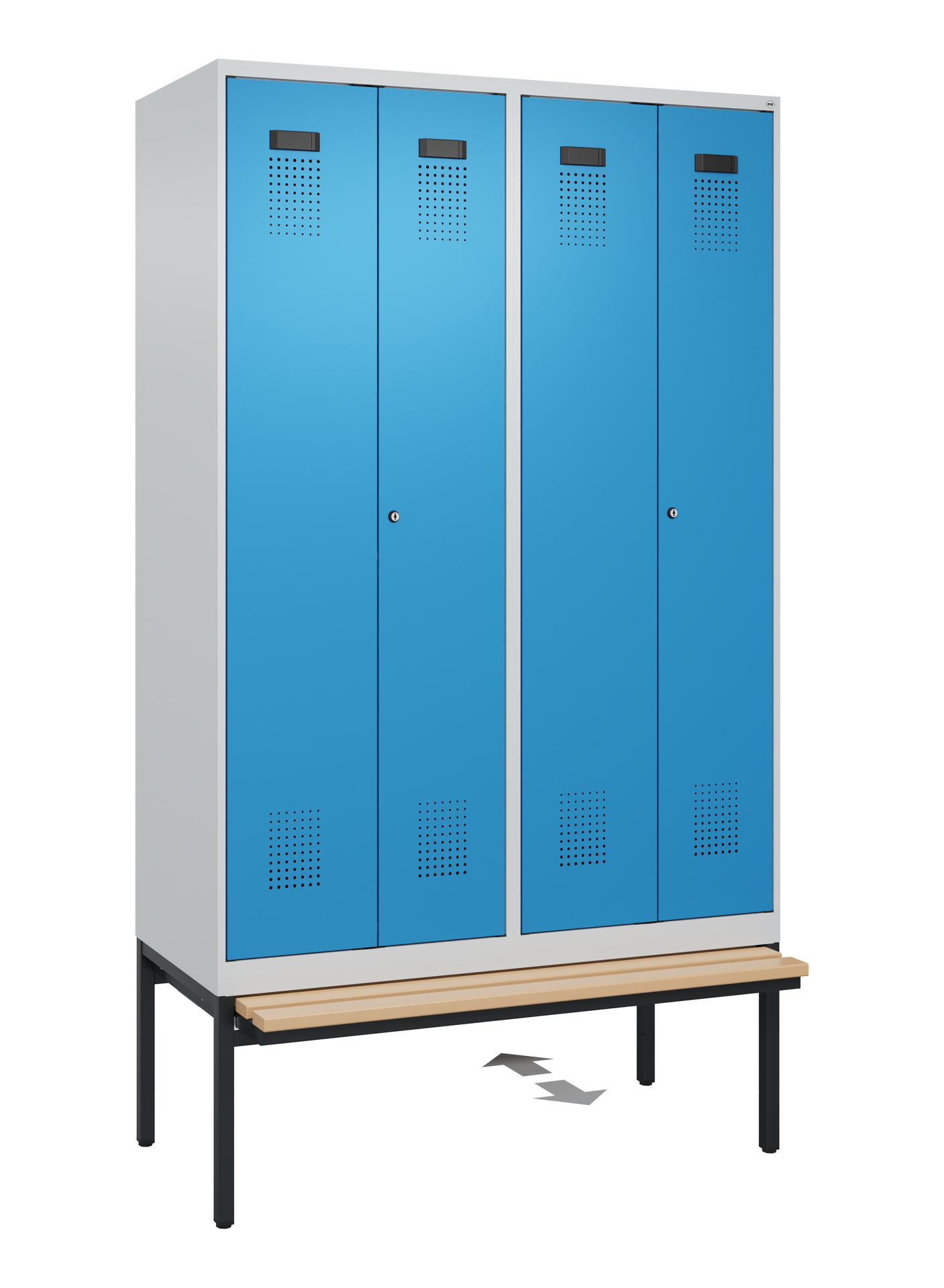 C+P PSA Schwarz-Weiß-Spind Evolo PLUS, Bank, 4 Abteile, 2120x1200x815mm
