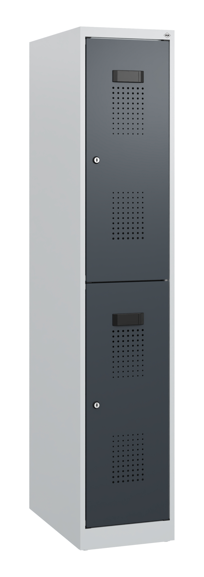 Metallschrank mit schwarzen Türen, Belüftungslöchern, zum abschließen.