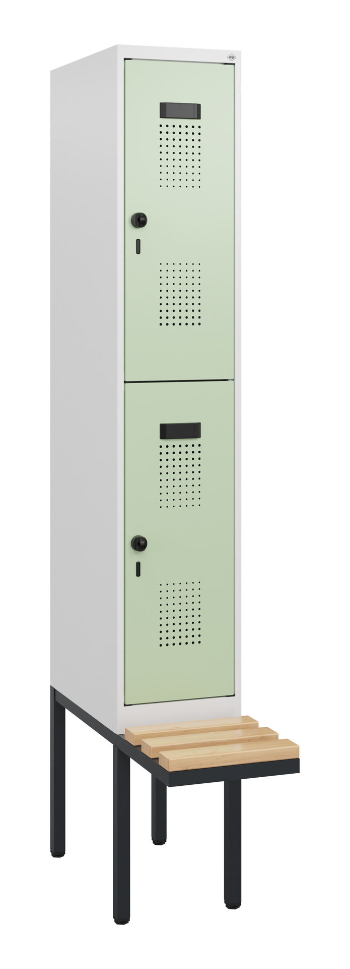 Grüner Spind mit perforierten Türen steht auf Metallrahmen mit Holzbank.