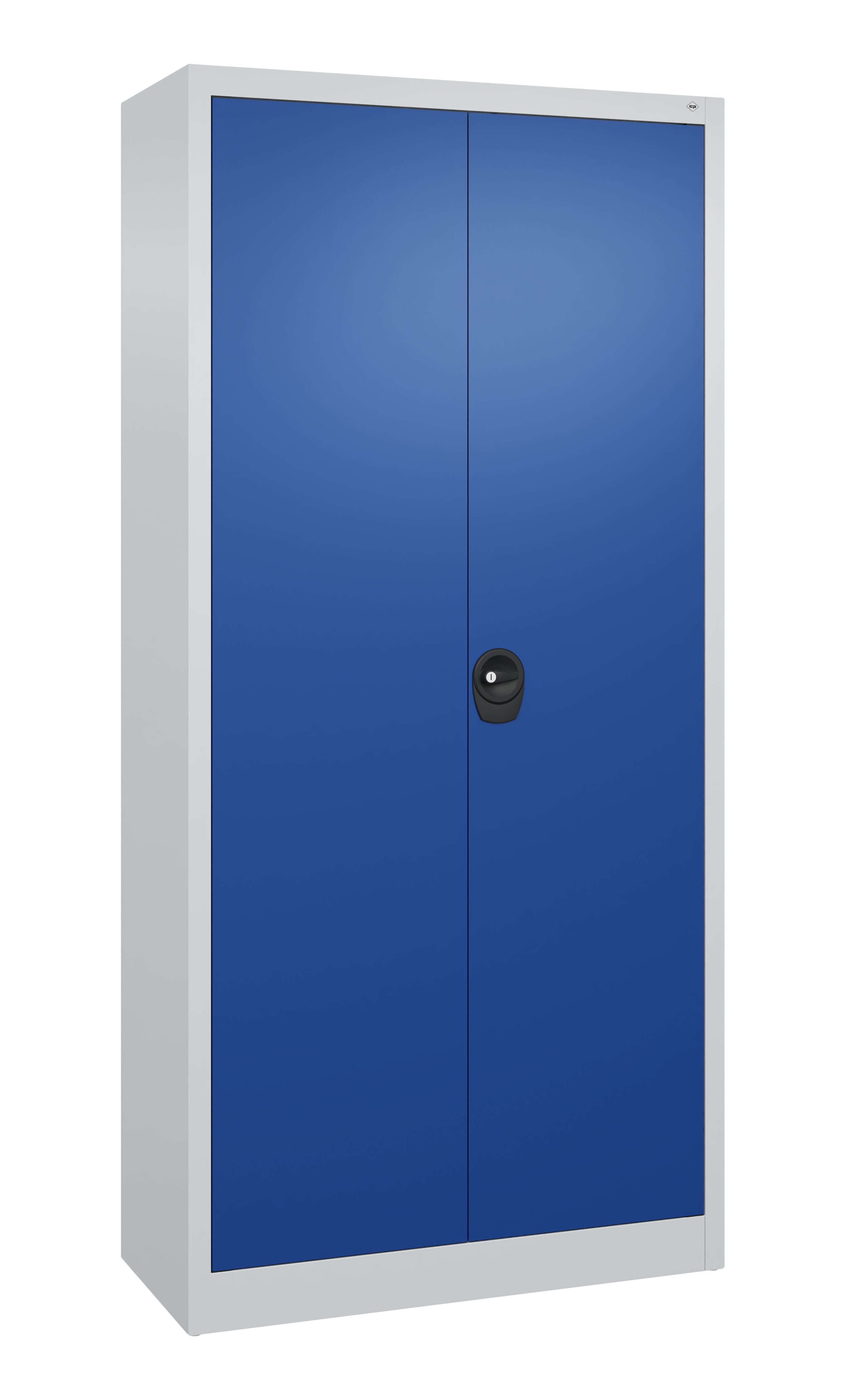 Metallschrank mit blauer Tür stehend in neutralem Raum.