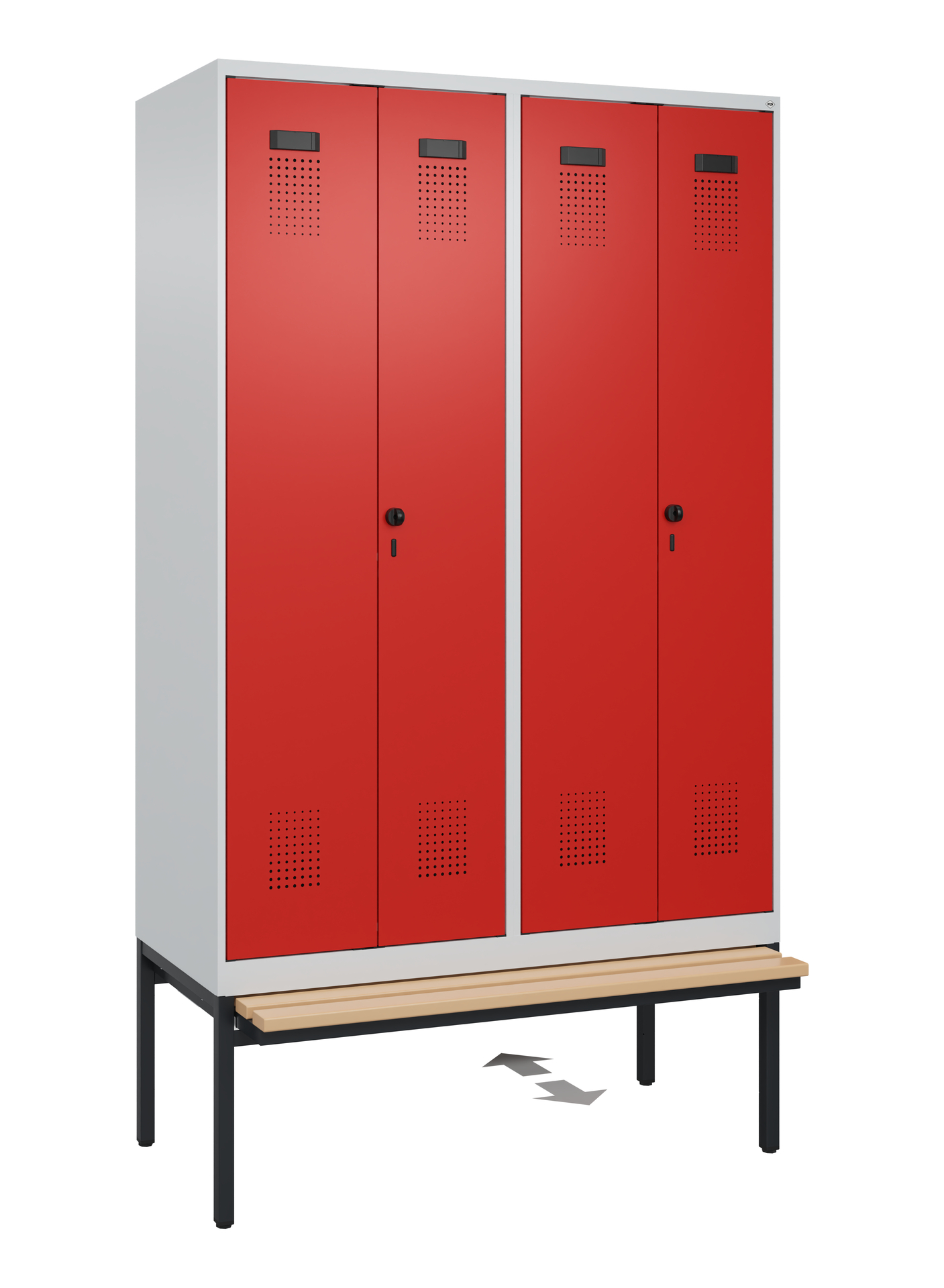 C+P PSA Schwarz-Weiß-Spind Evolo PLUS, Bank, 4 Abteile, 2120x1200x815mm