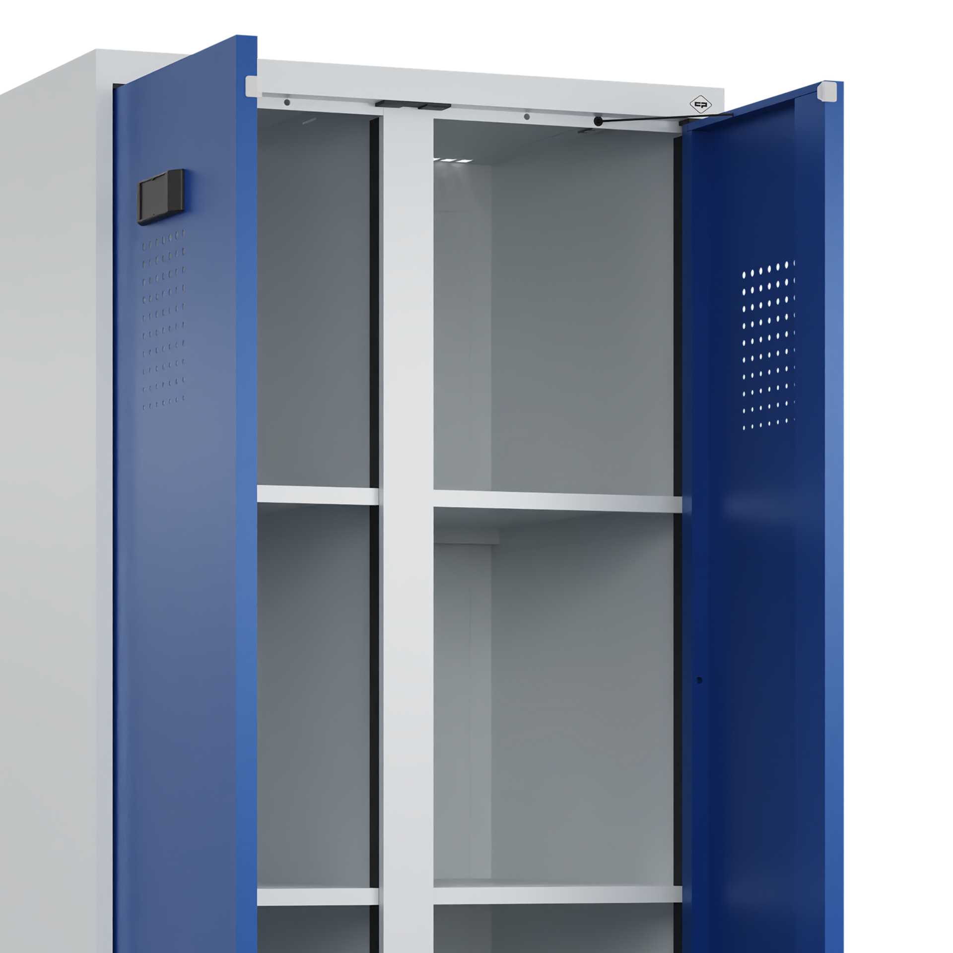 Blauer Metallschrank mit geöffneten Türen in leerem Raum