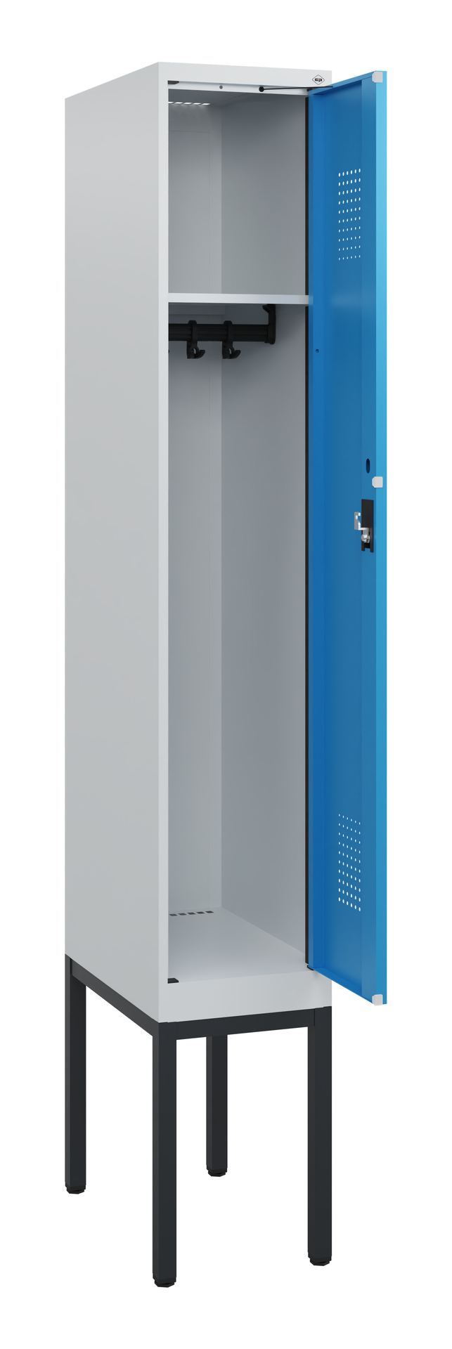 Schließfach mit blau geöffneter Tür, steht auf Beinen in neutralem Raum.