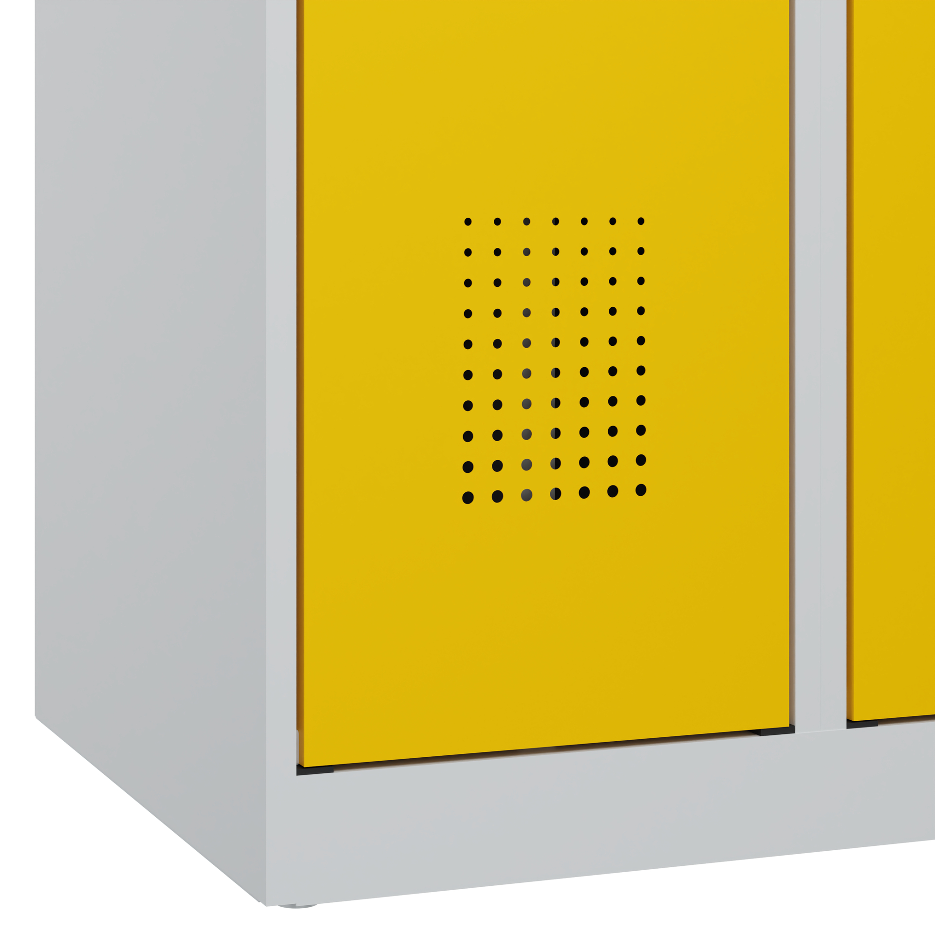Gelber Metallschrank mit Lüftungslöchern in hellgrauer Umgebung.