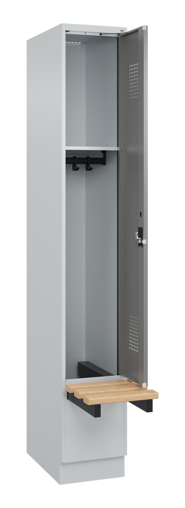 Metallschrank mit geöffneter grauen Tür und integrierter Sitzbank.