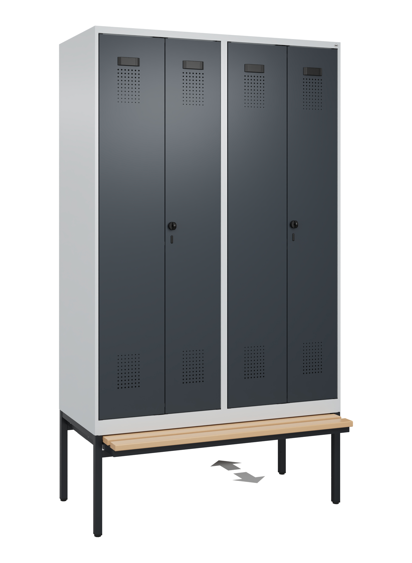 C+P PSA Schwarz-Weiß-Spind Evolo PLUS, Bank, 4 Abteile, 2120x1200x815mm